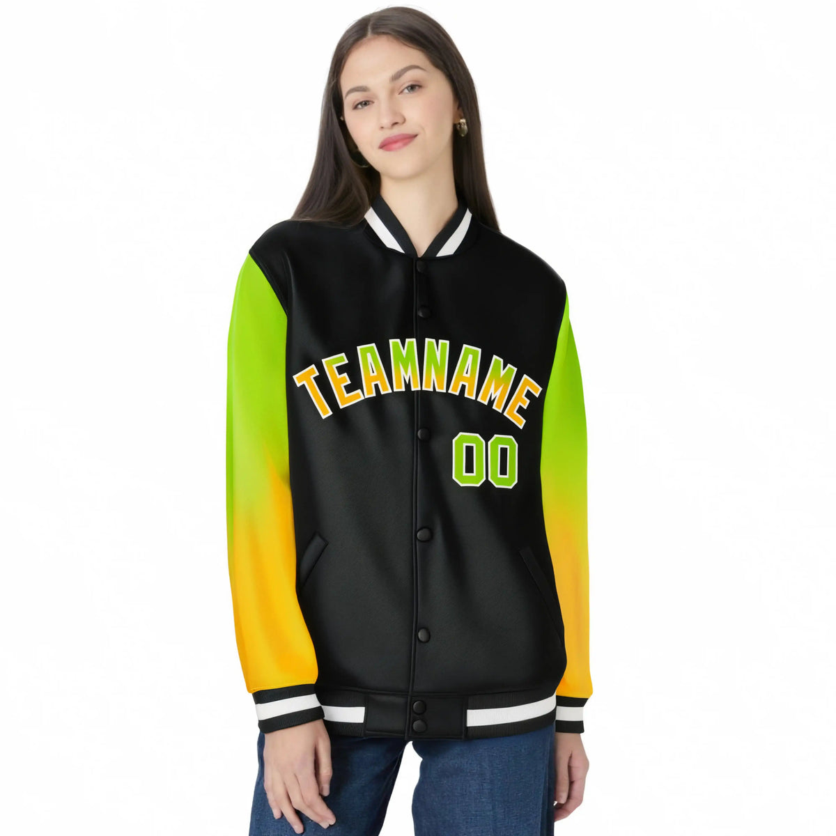 Custom Black Neon Green-Yellow Varsity Full-Snap Sleeve Gradient Fashion Letterman Baseball Jacket