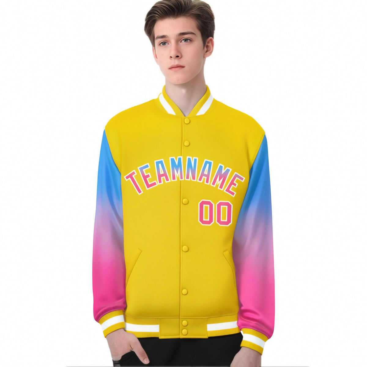 Custom Gold Powder Blue-Pink Varsity Full-Snap Sleeve Gradient Fashion Letterman Baseball Jacket