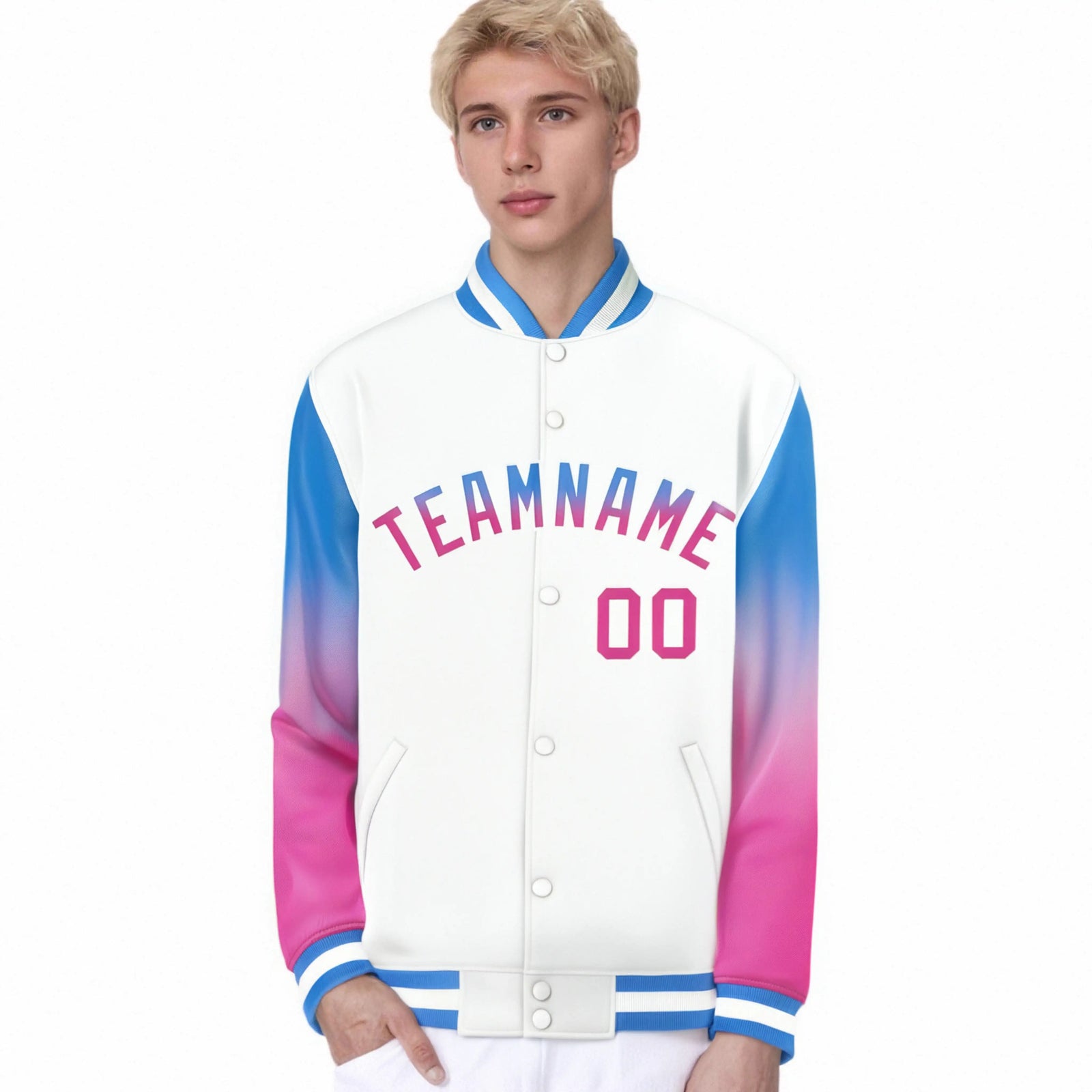 Custom White Powder Blue-Pink Varsity Full-Snap Sleeve Gradient Fashion Letterman Baseball Jacket