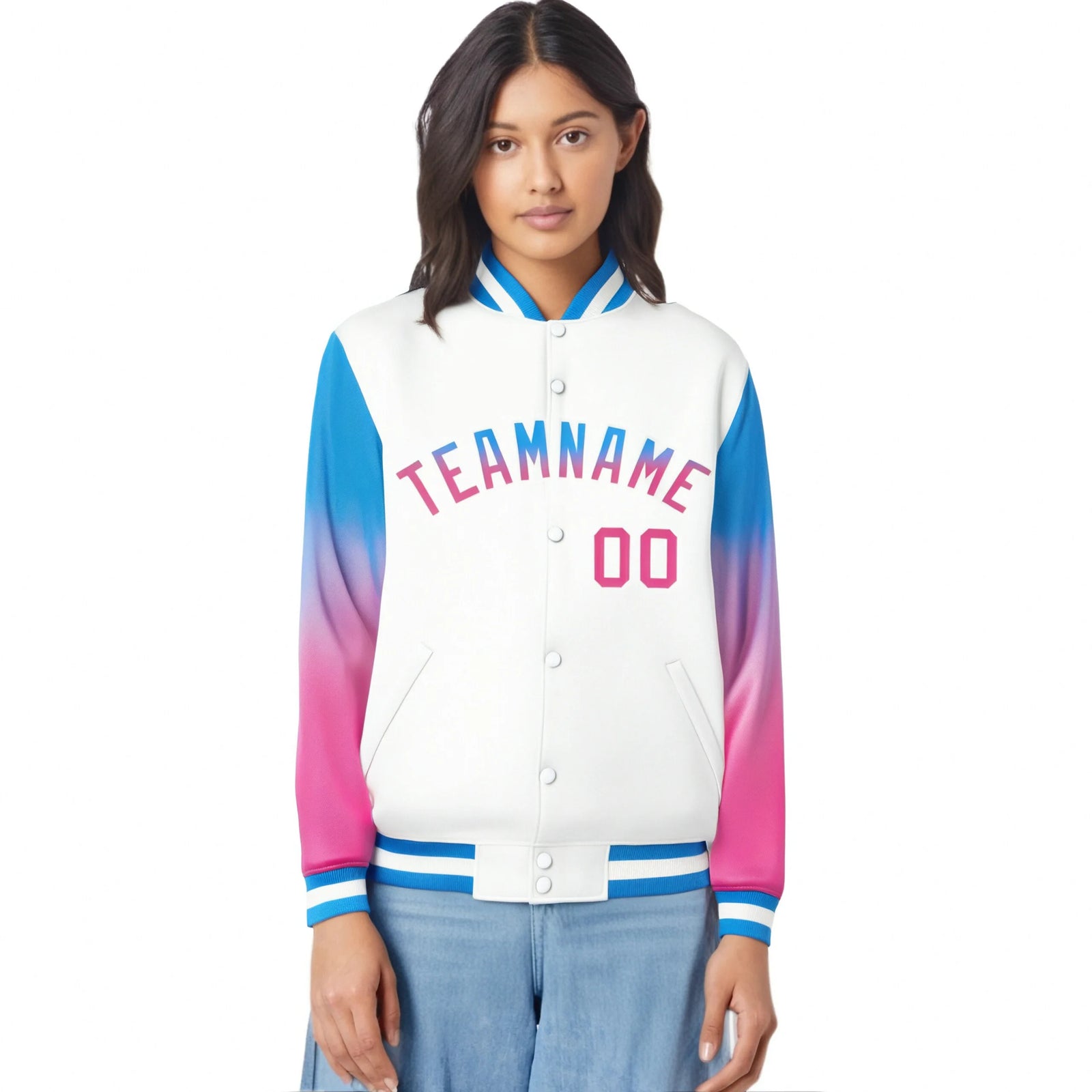 Custom White Powder Blue-Pink Varsity Full-Snap Sleeve Gradient Fashion Letterman Baseball Jacket