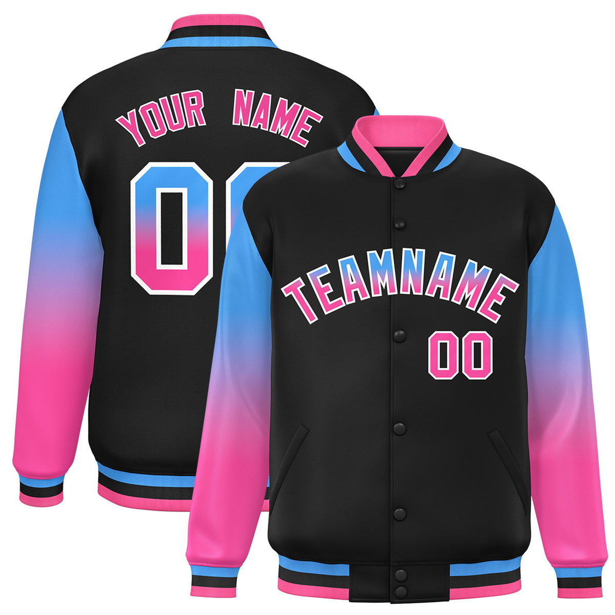 Custom Black Powder Blue-Pink Varsity Full-Snap Sleeve Gradient Fashion Letterman Baseball Jacket