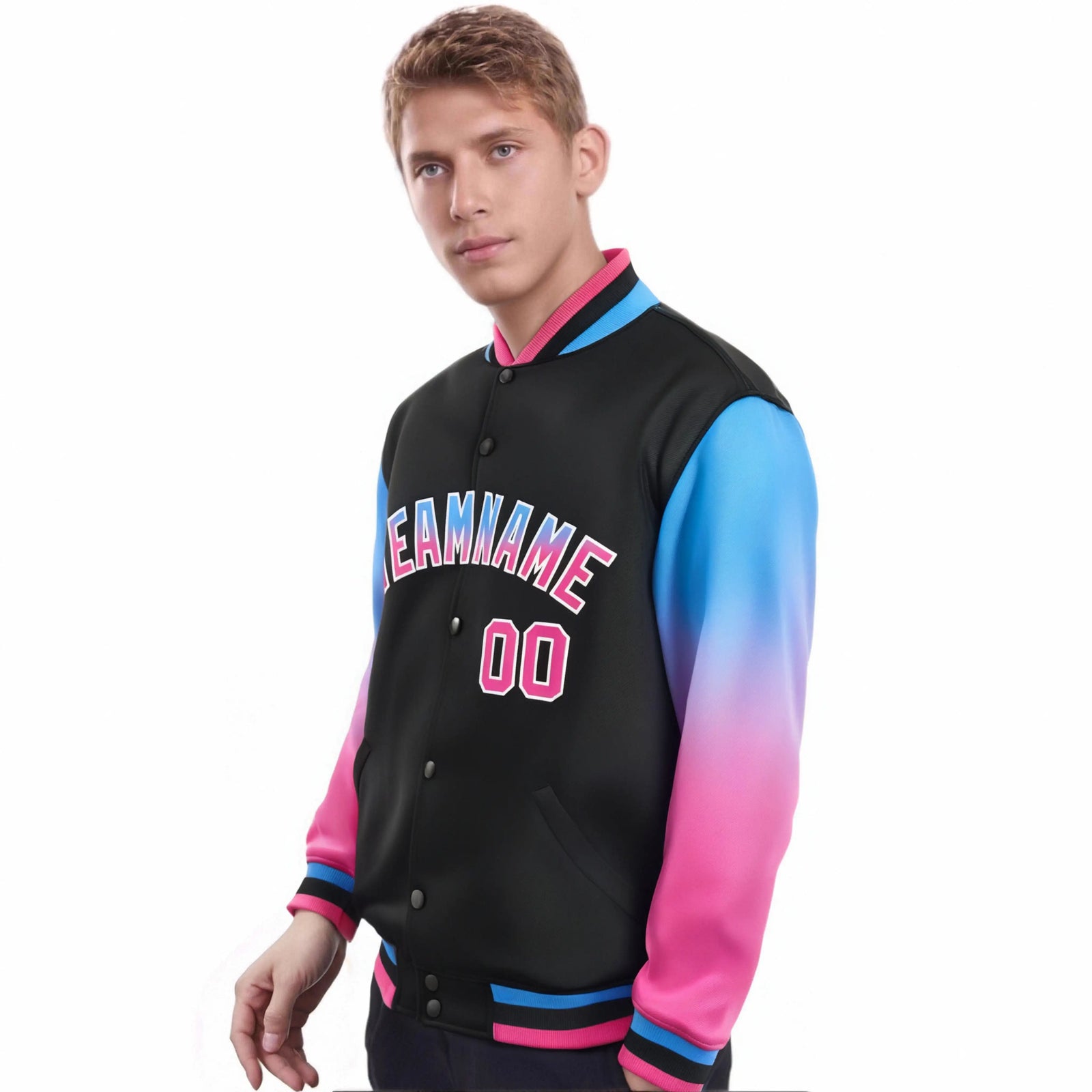 Custom Black Powder Blue-Pink Varsity Full-Snap Sleeve Gradient Fashion Letterman Baseball Jacket