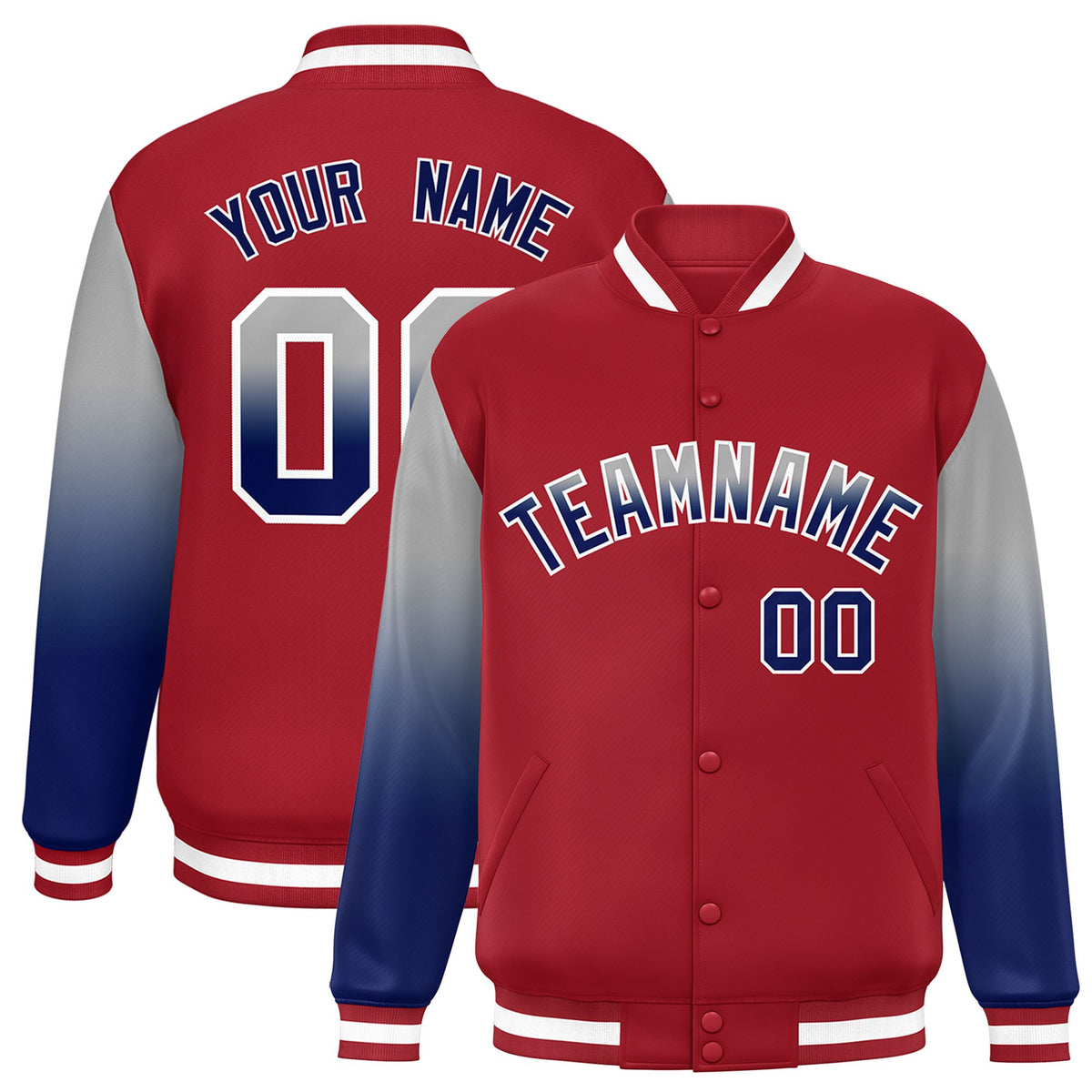 Custom Red Gray-Royal Blue Varsity Full-Snap Sleeve Gradient Fashion Letterman Baseball Jacket