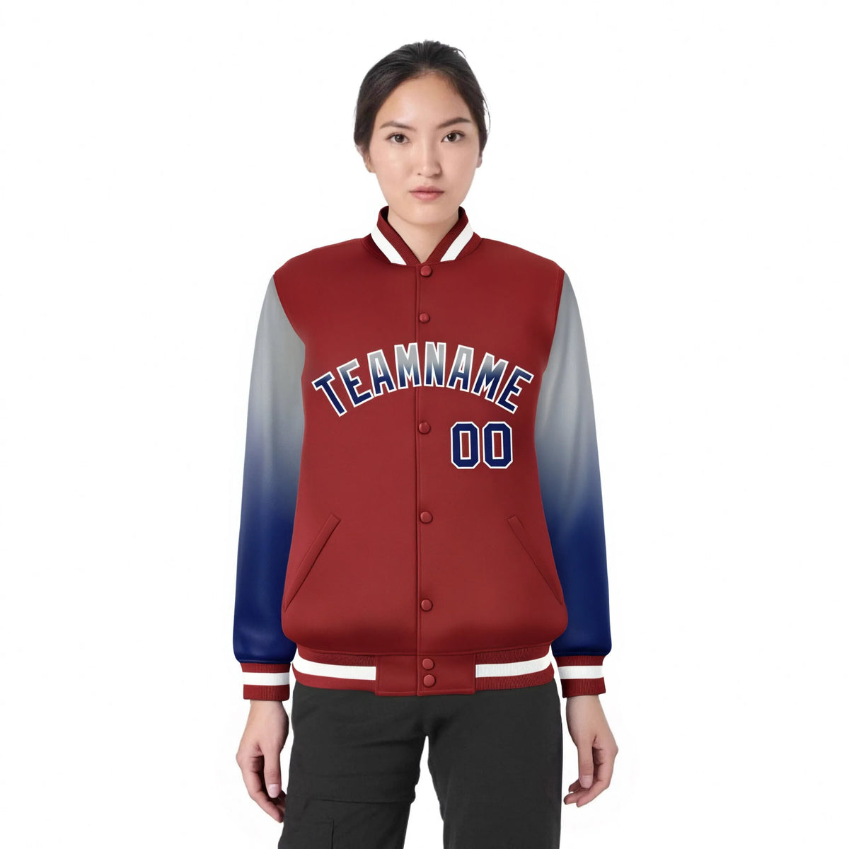 Custom Red Gray-Royal Blue Varsity Full-Snap Sleeve Gradient Fashion Letterman Baseball Jacket