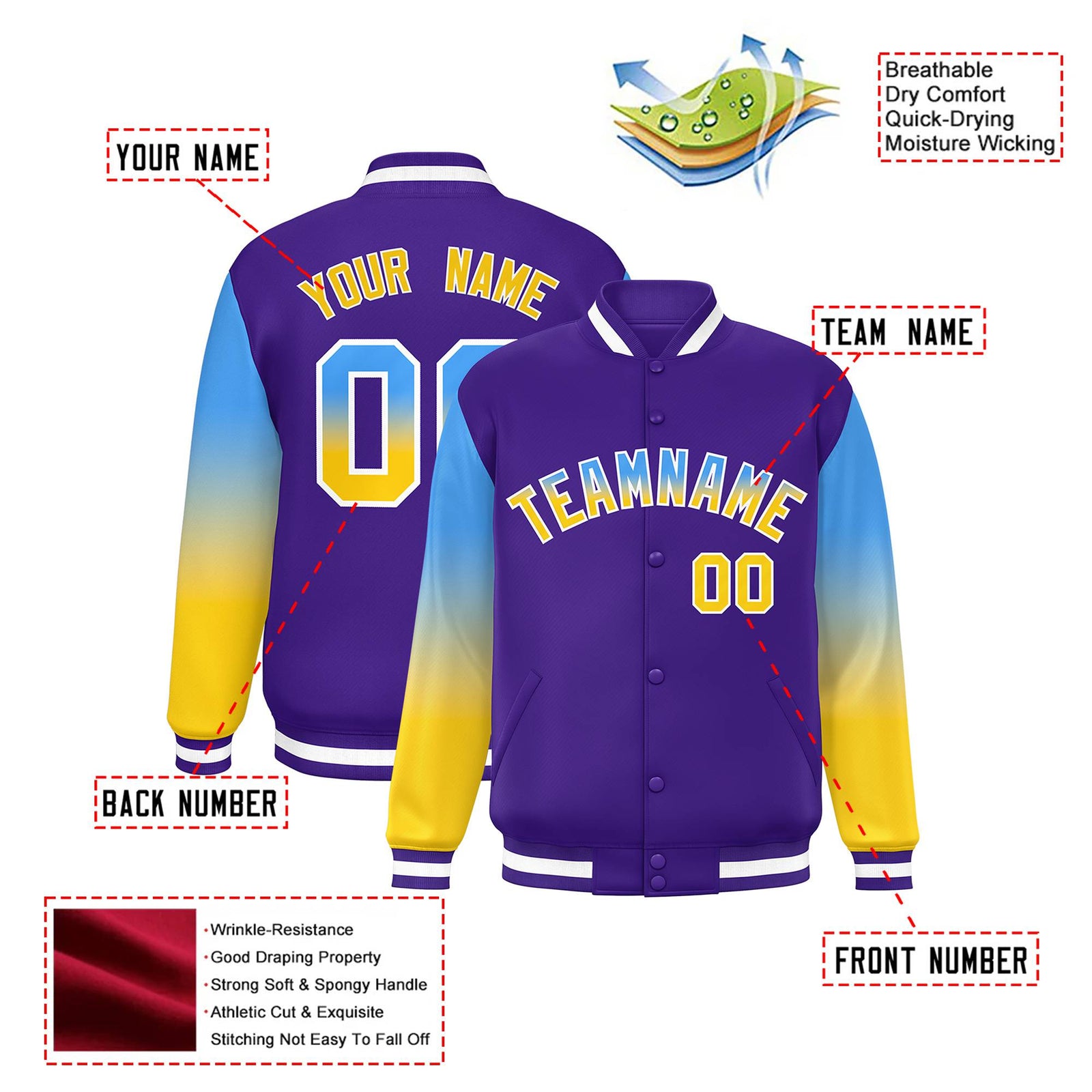Custom Purple Powder Blue-Gold Varsity Full-Snap Sleeve Gradient Fashion Letterman Baseball Jacket