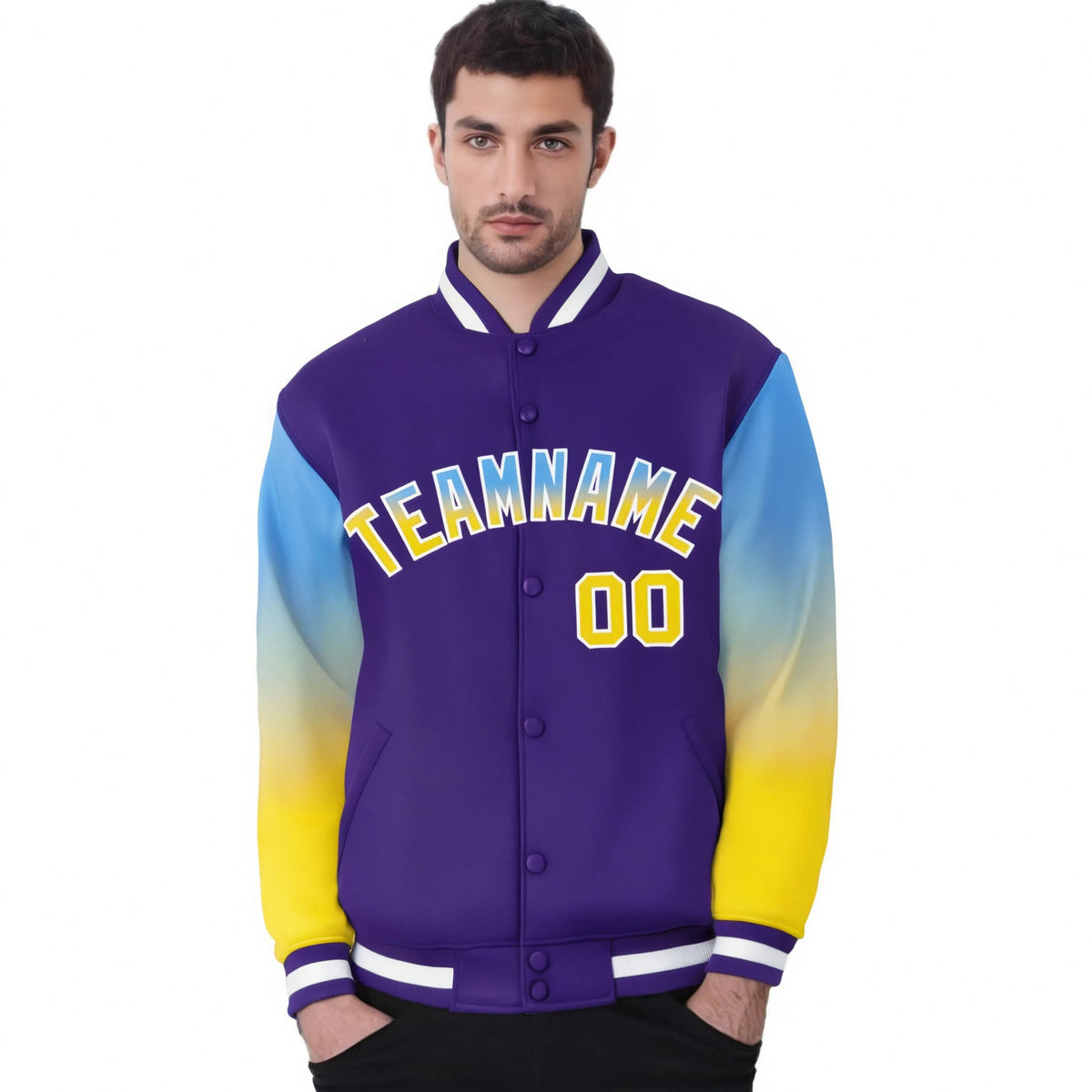 Custom Purple Powder Blue-Gold Varsity Full-Snap Sleeve Gradient Fashion Letterman Baseball Jacket