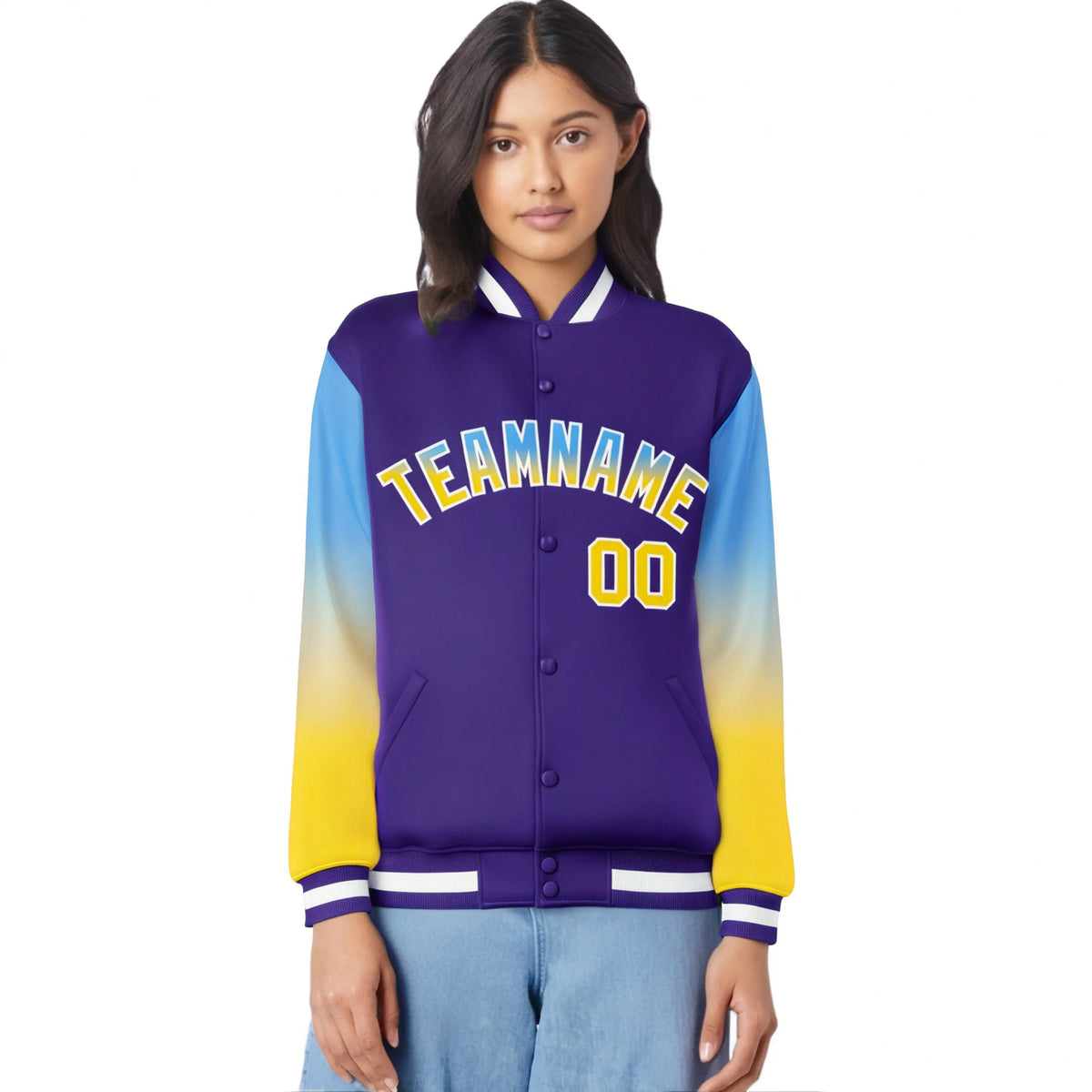 Custom Purple Powder Blue-Gold Varsity Full-Snap Sleeve Gradient Fashion Letterman Baseball Jacket