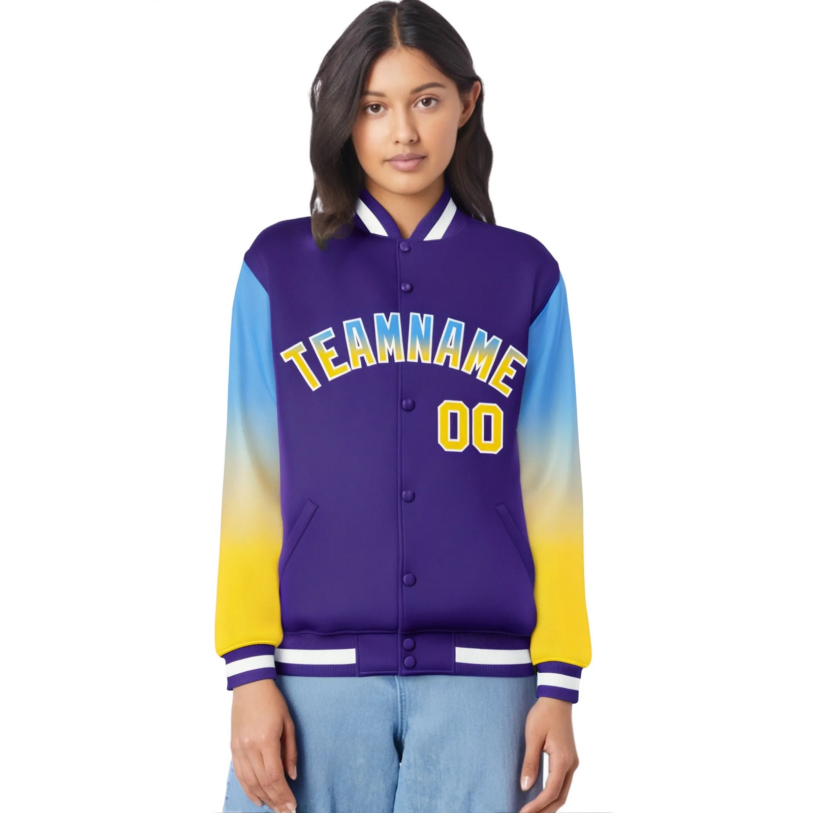 Custom Purple Powder Blue-Gold Varsity Full-Snap Sleeve Gradient Fashion Letterman Baseball Jacket