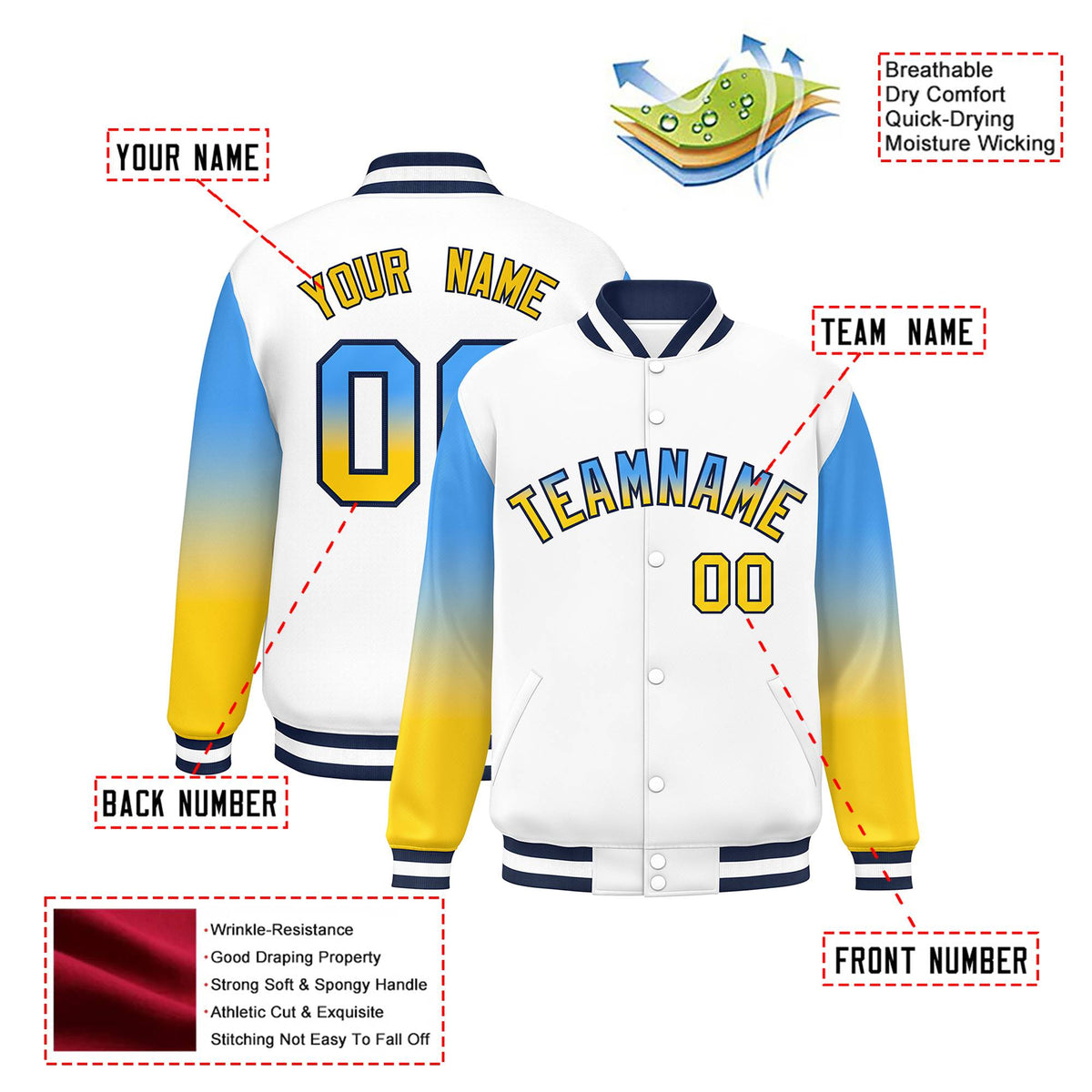 Custom White Powder Blue-Gold Varsity Full-Snap Sleeve Gradient Fashion Letterman Baseball Jacket