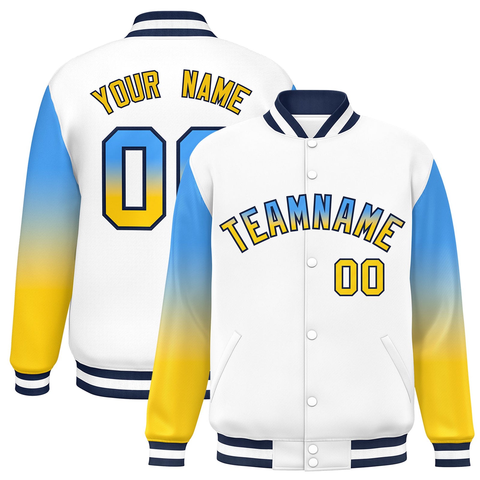 Custom White Powder Blue-Gold Varsity Full-Snap Sleeve Gradient Fashion Letterman Baseball Jacket