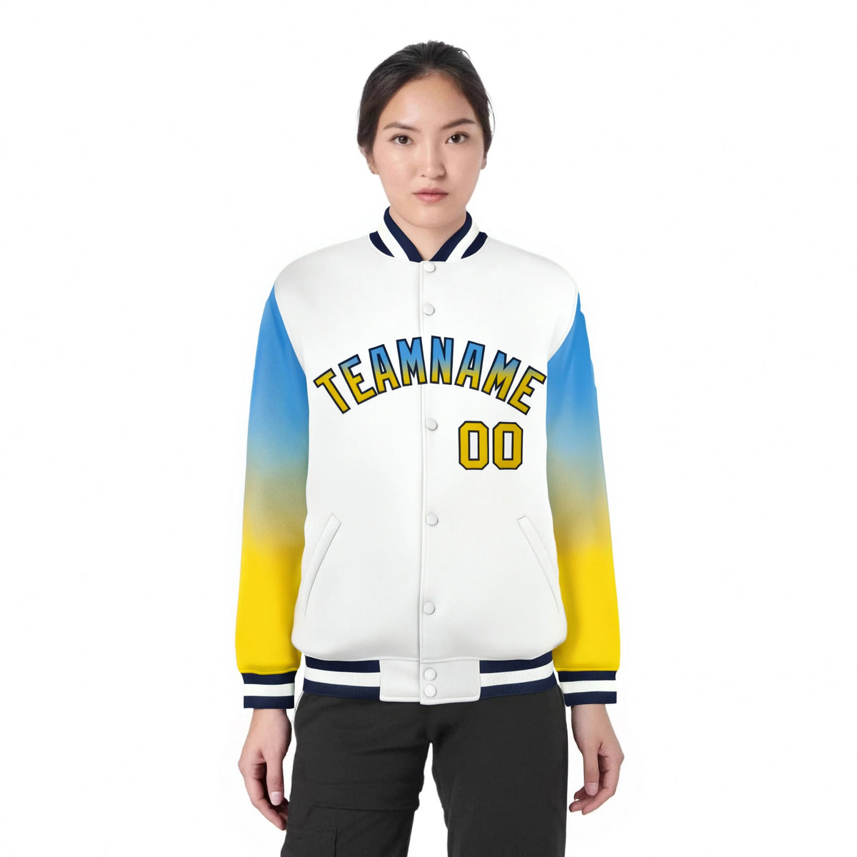 Custom White Powder Blue-Gold Varsity Full-Snap Sleeve Gradient Fashion Letterman Baseball Jacket