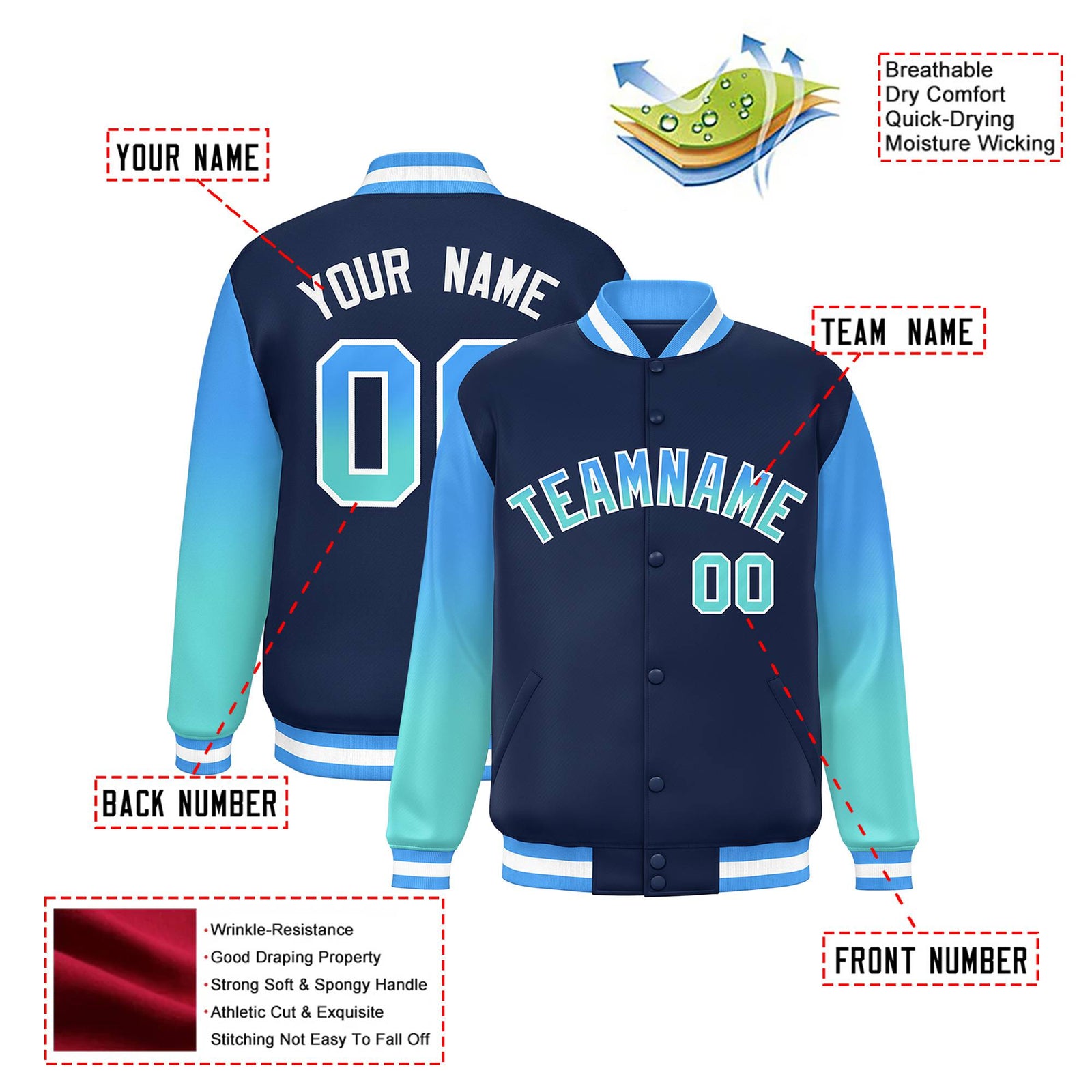 Custom Navy Powder Blue-Aqua Varsity Full-Snap Sleeve Gradient Fashion Letterman Baseball Jacket