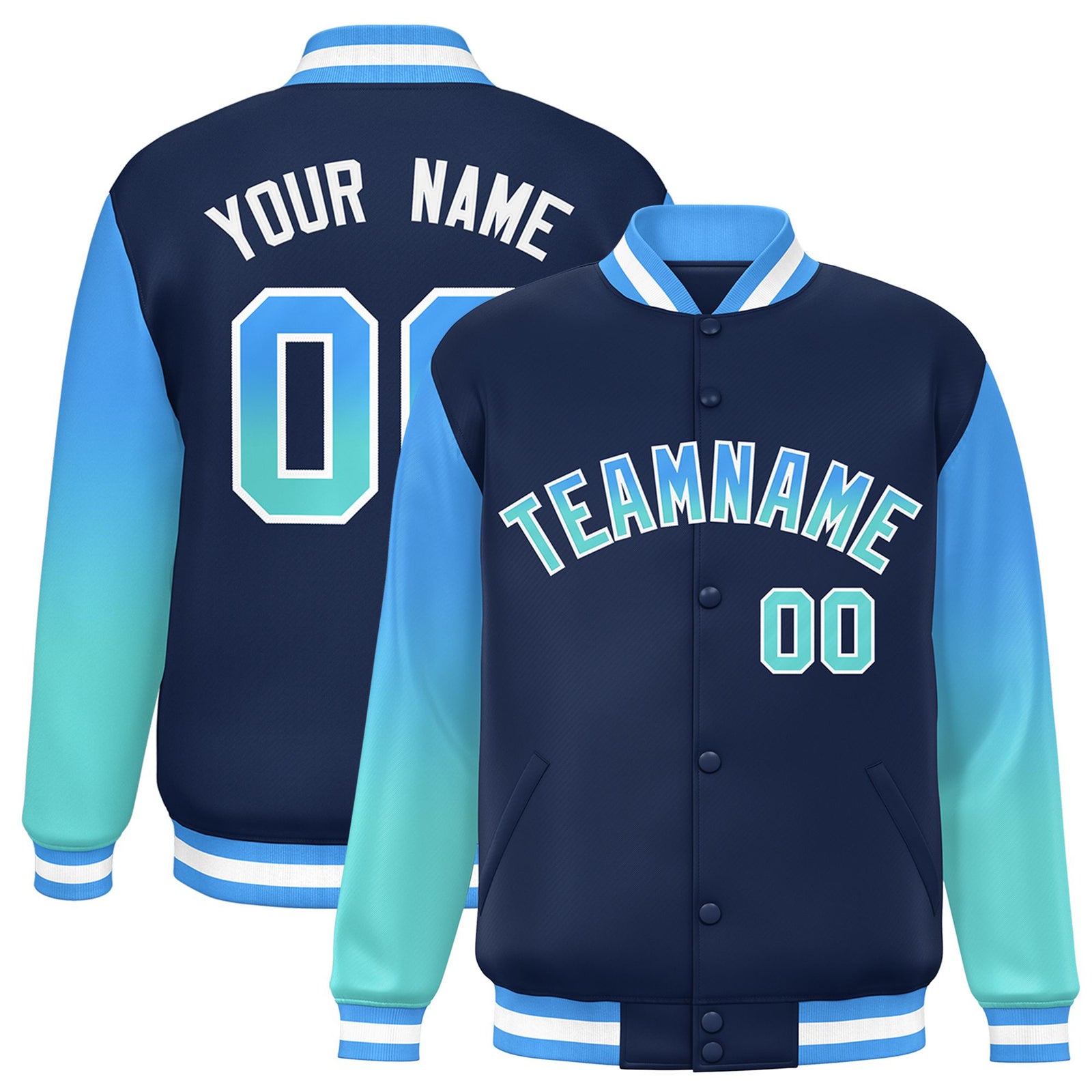 Custom Navy Powder Blue-Aqua Varsity Full-Snap Sleeve Gradient Fashion Letterman Baseball Jacket