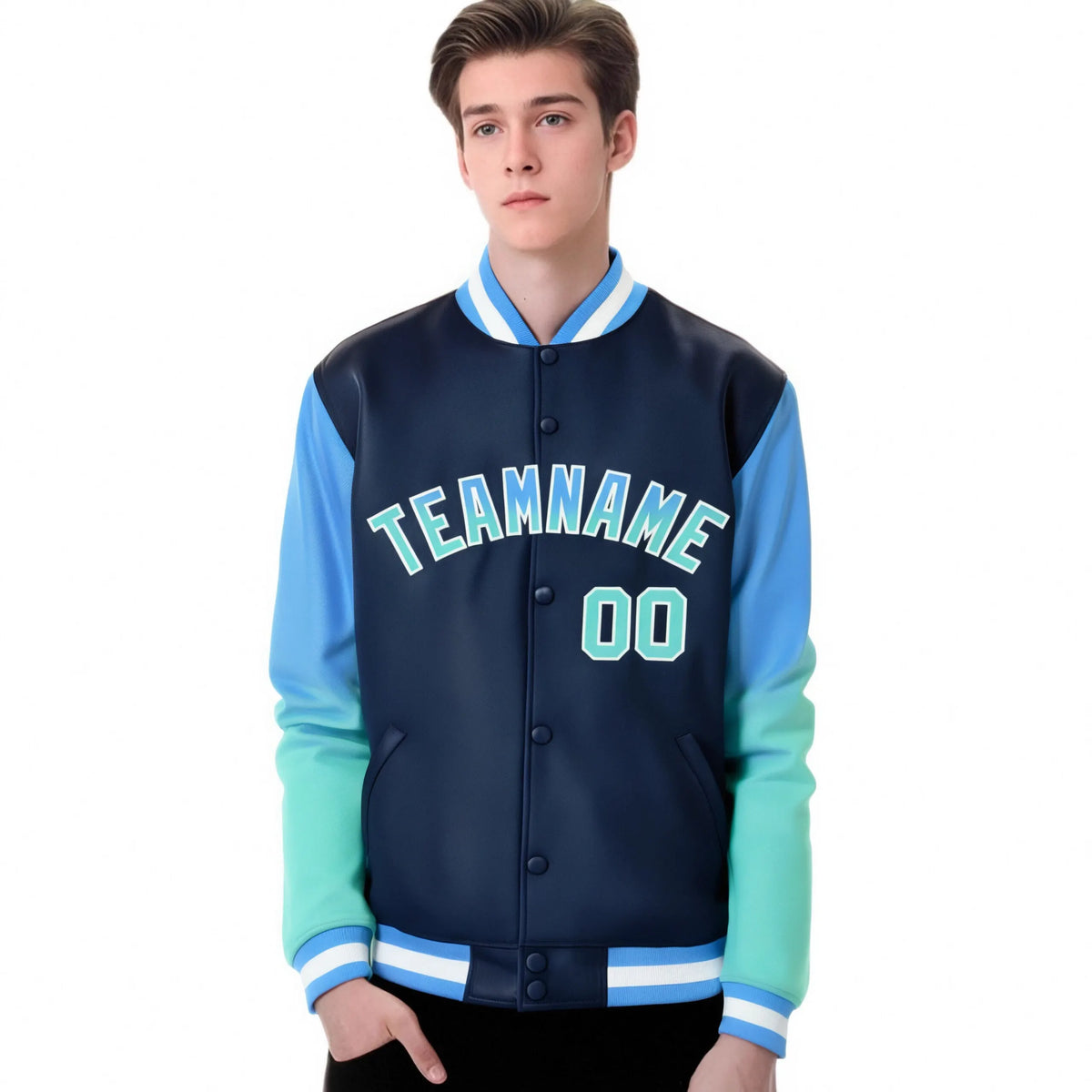 Custom Navy Powder Blue-Aqua Varsity Full-Snap Sleeve Gradient Fashion Letterman Baseball Jacket