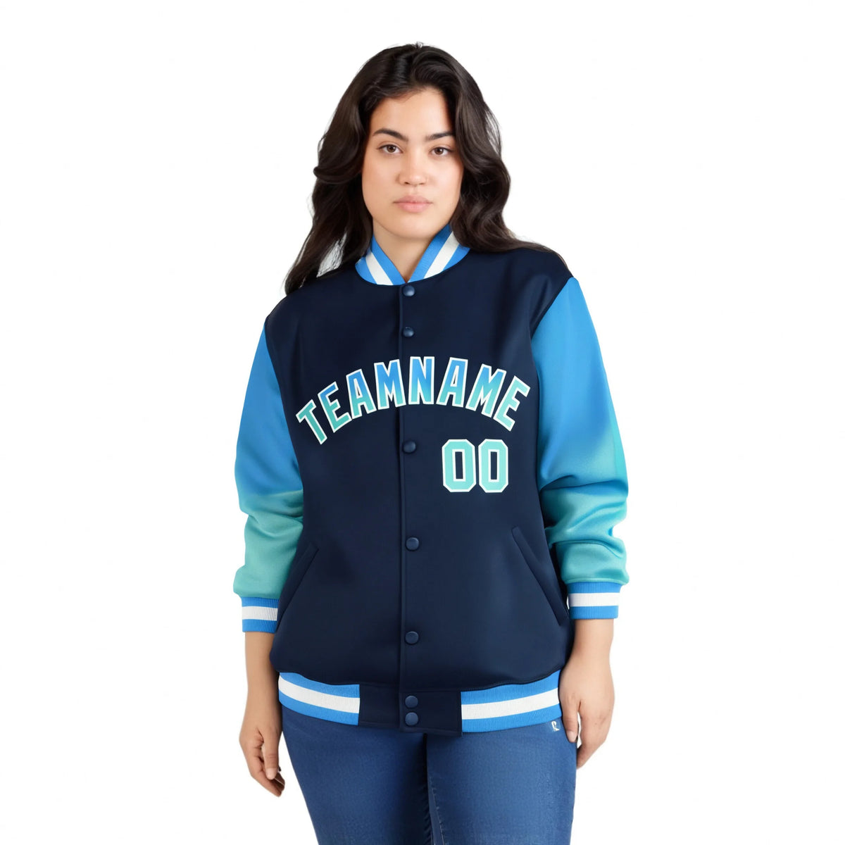 Custom Navy Powder Blue-Aqua Varsity Full-Snap Sleeve Gradient Fashion Letterman Baseball Jacket