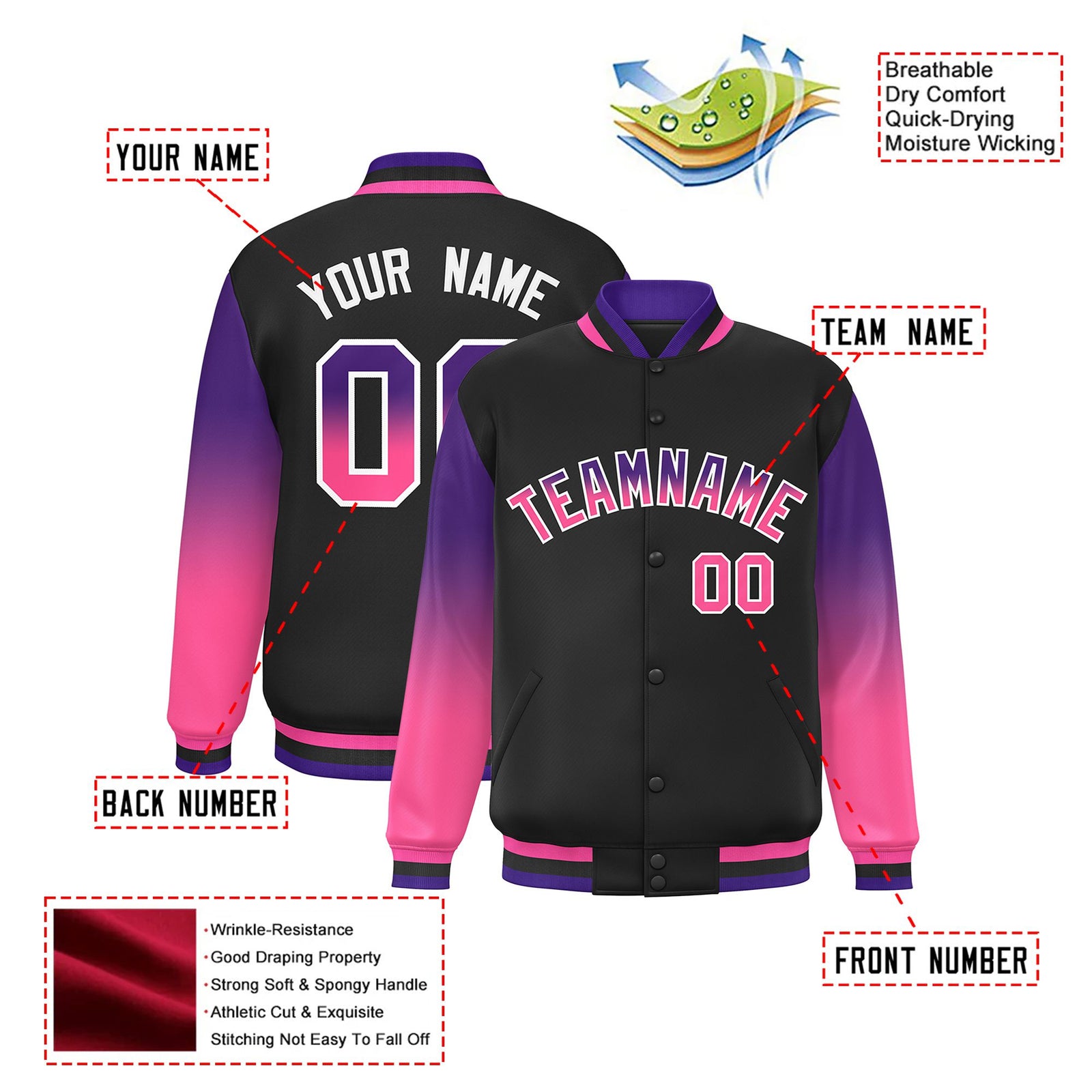 Custom Black Purple-Pink Varsity Full-Snap Sleeve Gradient Fashion Letterman Baseball Jacket