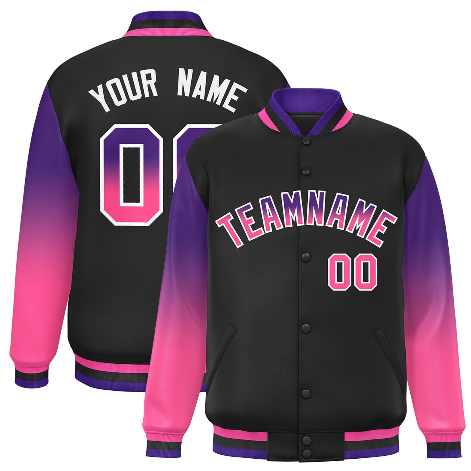 Custom Black Purple-Pink Varsity Full-Snap Sleeve Gradient Fashion Letterman Baseball Jacket