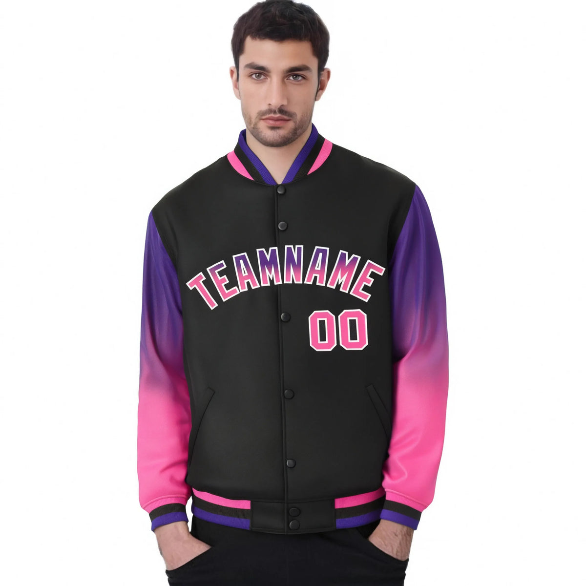 Custom Black Purple-Pink Varsity Full-Snap Sleeve Gradient Fashion Letterman Baseball Jacket