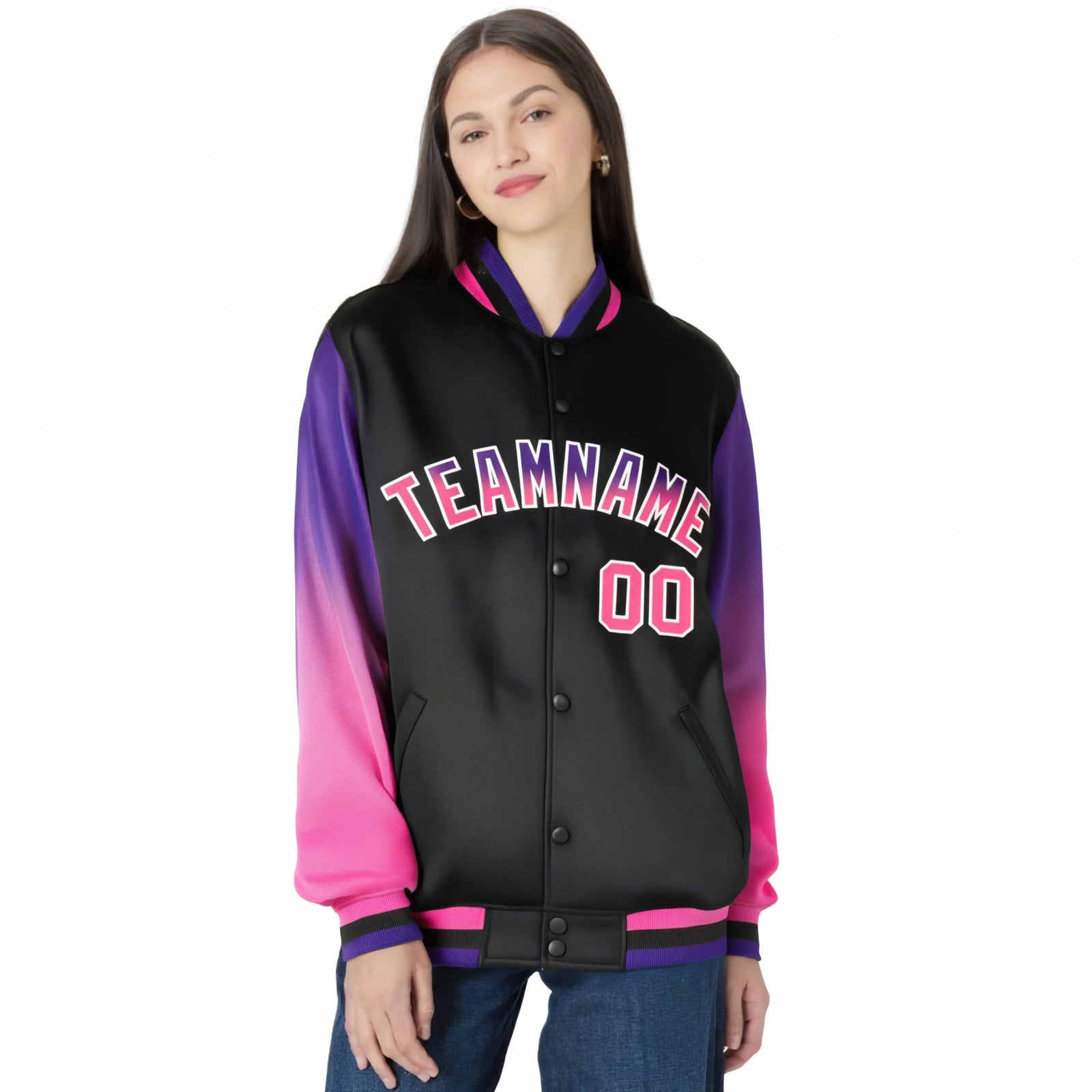 Custom Black Purple-Pink Varsity Full-Snap Sleeve Gradient Fashion Letterman Baseball Jacket