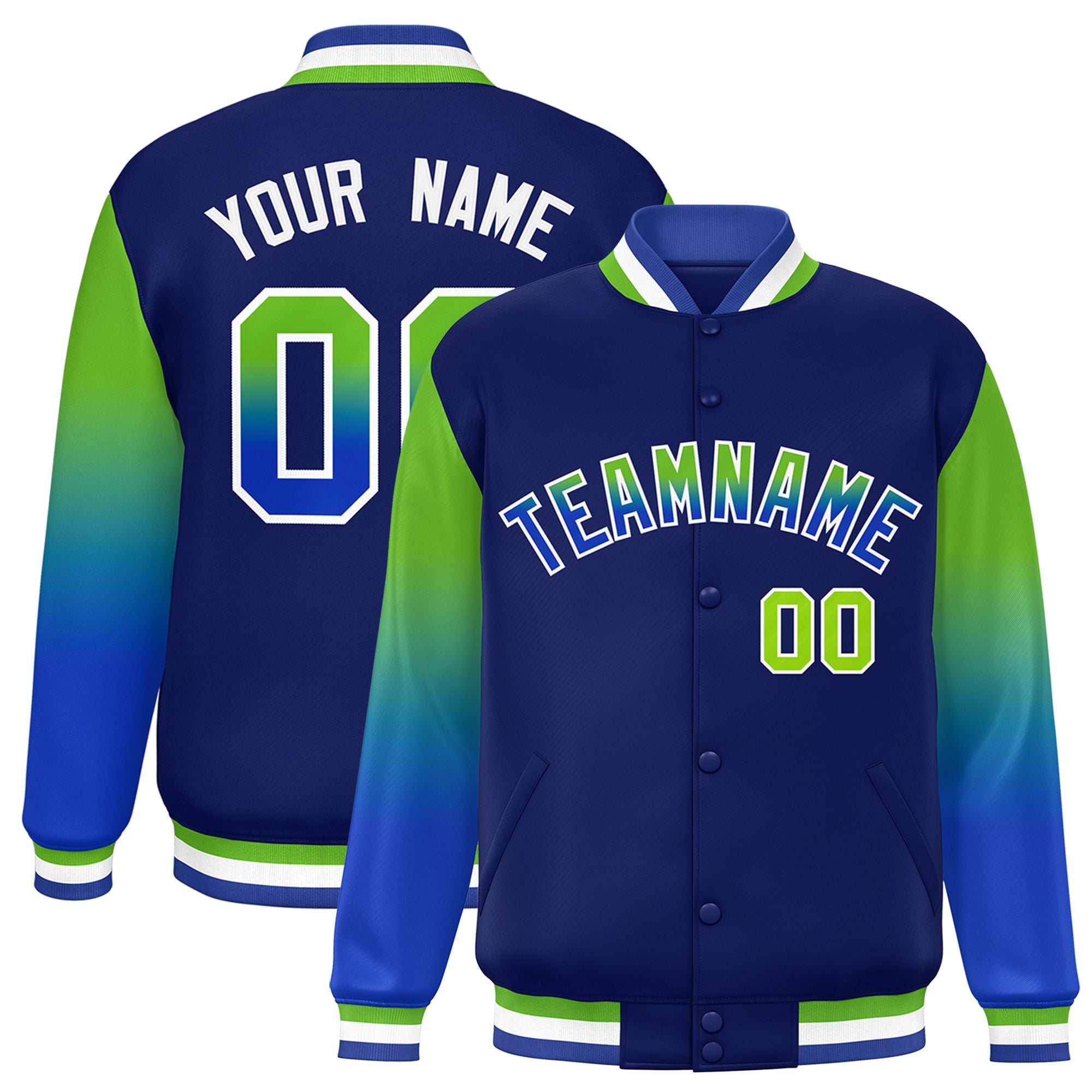 Custom Navy Neon Green-Royal Blue Varsity Full-Snap Sleeve Gradient Fashion Letterman Baseball Jacket