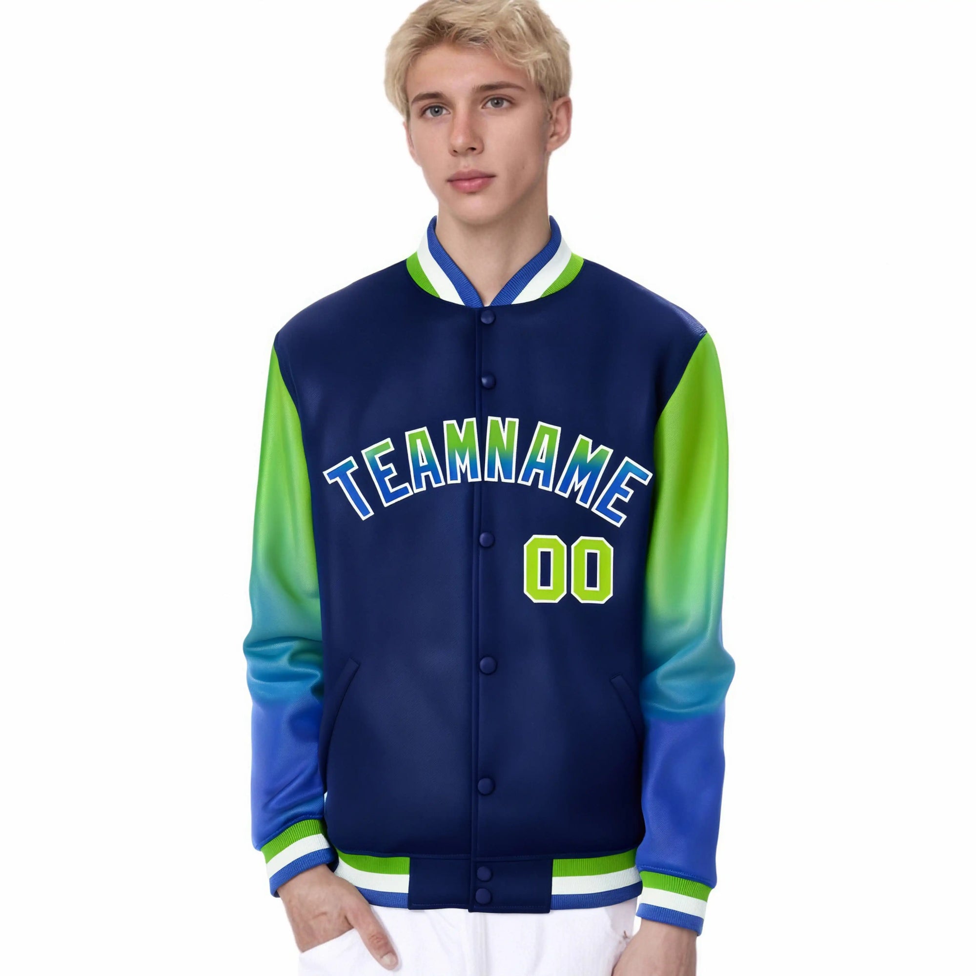 Custom Navy Neon Green-Royal Blue Varsity Full-Snap Sleeve Gradient Fashion Letterman Baseball Jacket