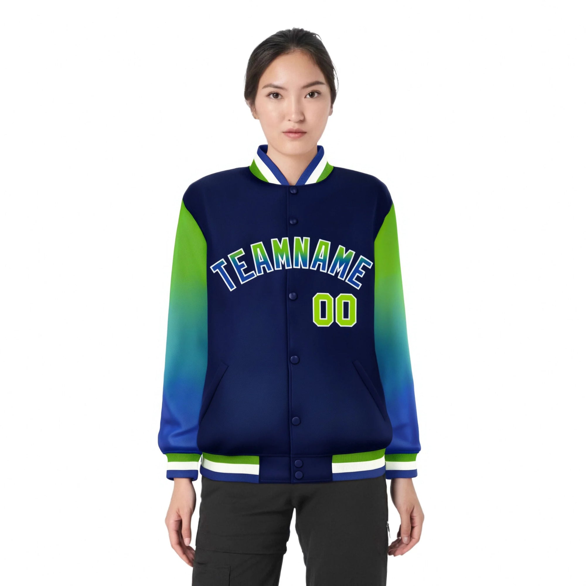 Custom Navy Neon Green-Royal Blue Varsity Full-Snap Sleeve Gradient Fashion Letterman Baseball Jacket