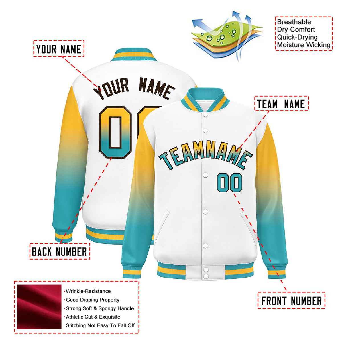 Custom White Yellow-Aqua Varsity Full-Snap Sleeve Gradient Fashion Letterman Baseball Jacket