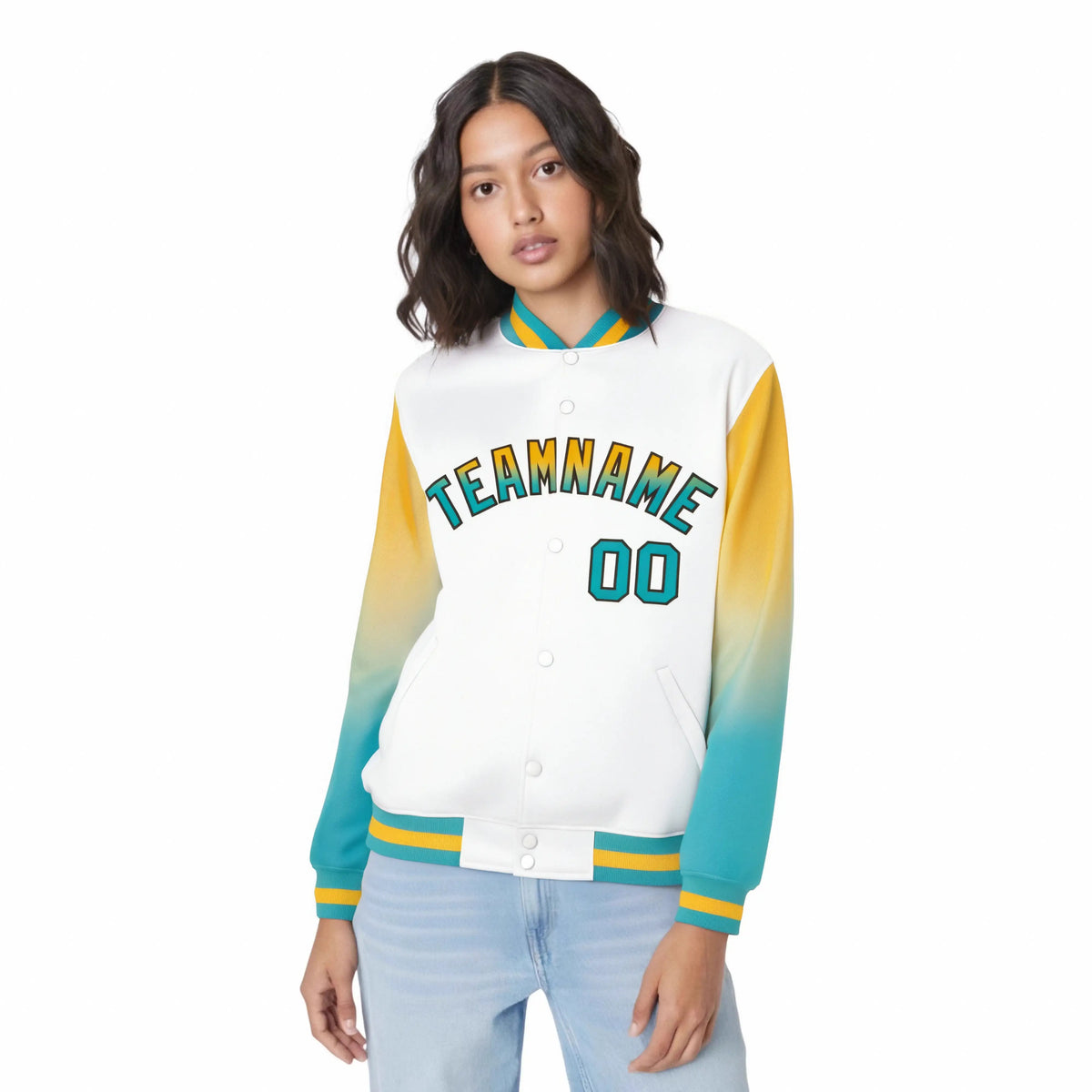 Custom White Yellow-Aqua Varsity Full-Snap Sleeve Gradient Fashion Letterman Baseball Jacket