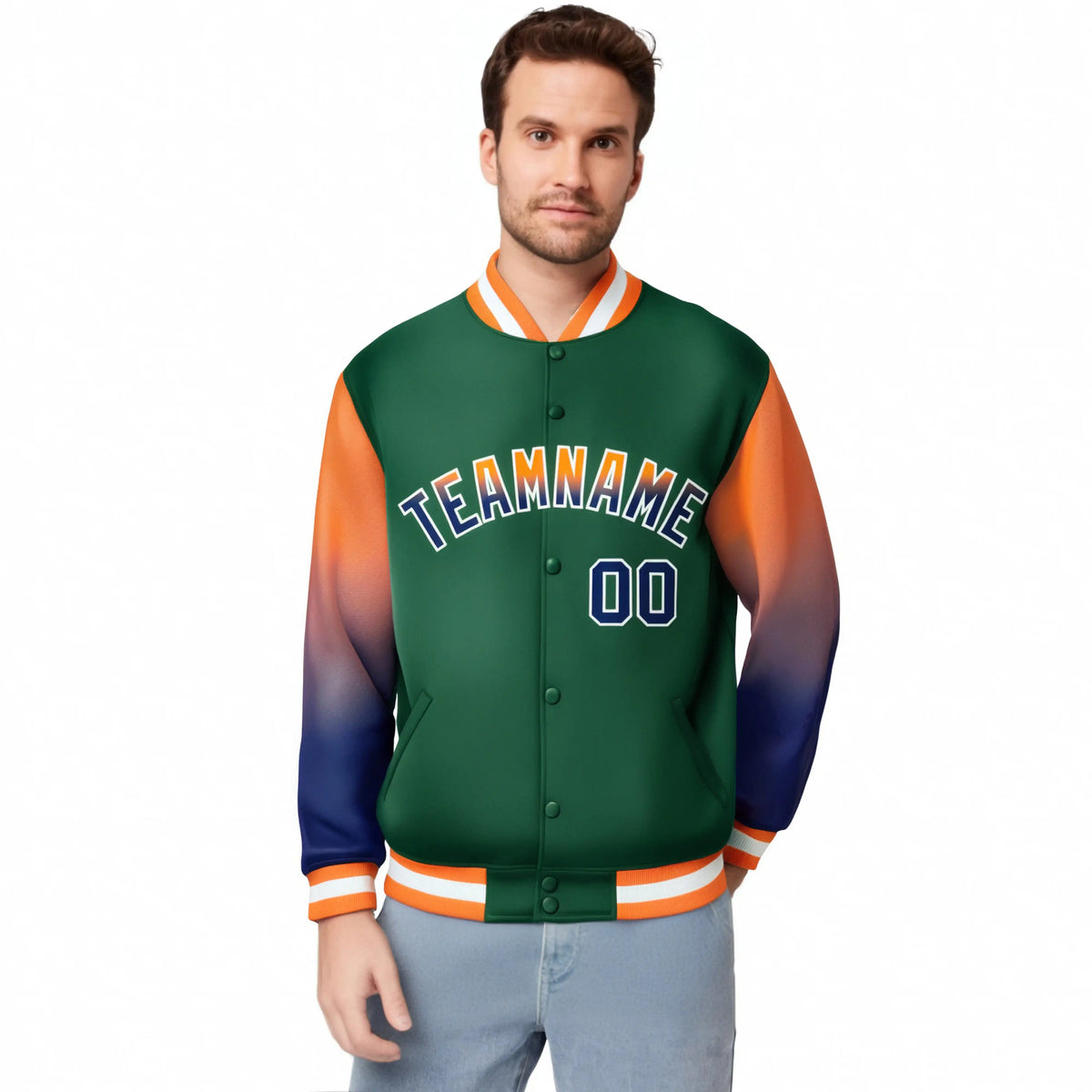 Custom Green Orange-Royal Blue Varsity Full-Snap Sleeve Gradient Fashion Letterman Baseball Jacket