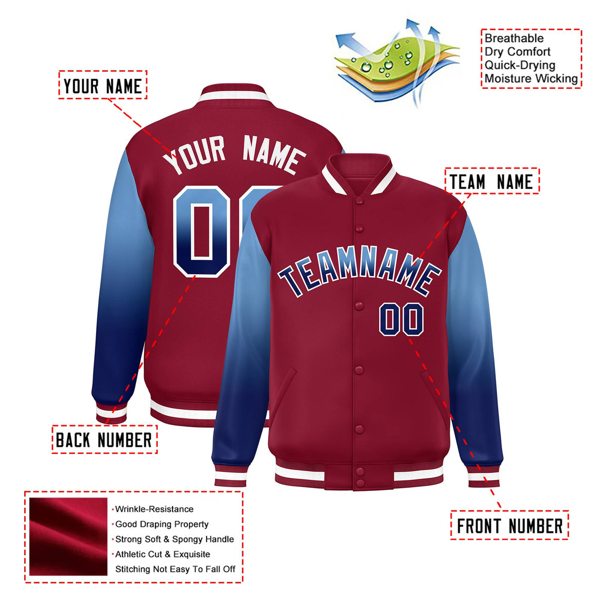 Custom Crimson Light Blue-Royal Blue Varsity Full-Snap Sleeve Gradient Fashion Letterman Baseball Jacket