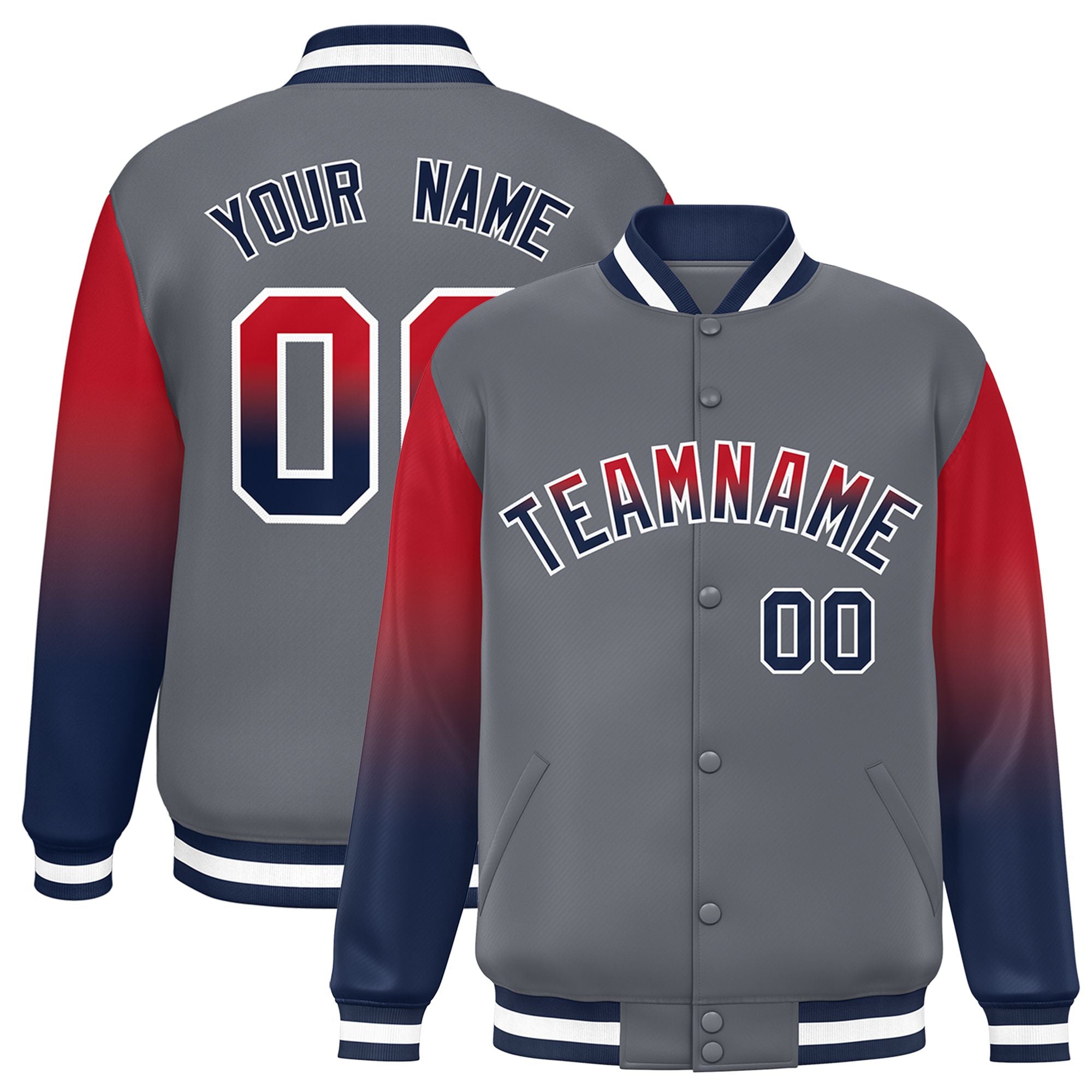 Custom Dark Gray Red-Navy Varsity Full-Snap Sleeve Gradient Fashion Letterman Baseball Jacket