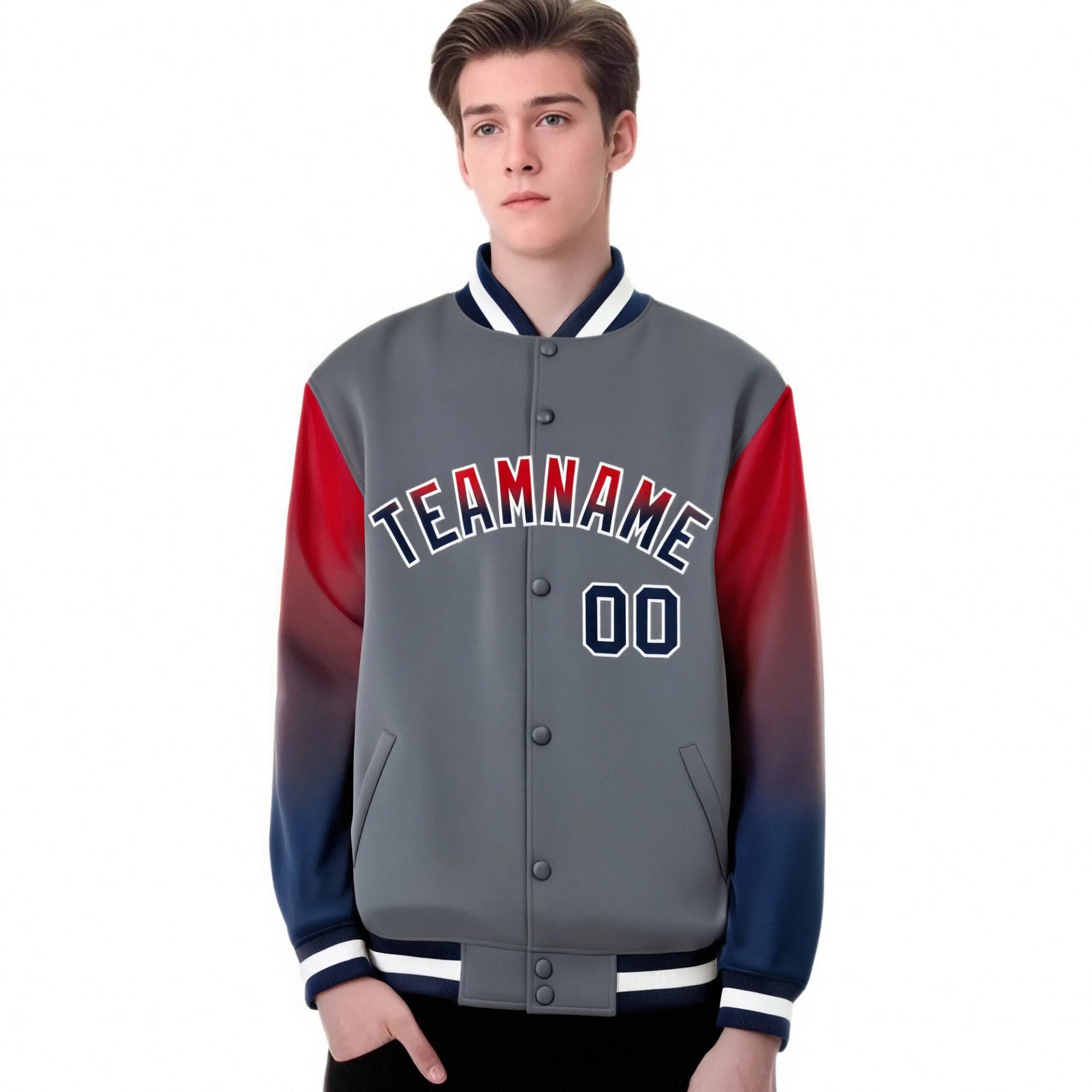 Custom Dark Gray Red-Navy Varsity Full-Snap Sleeve Gradient Fashion Letterman Baseball Jacket