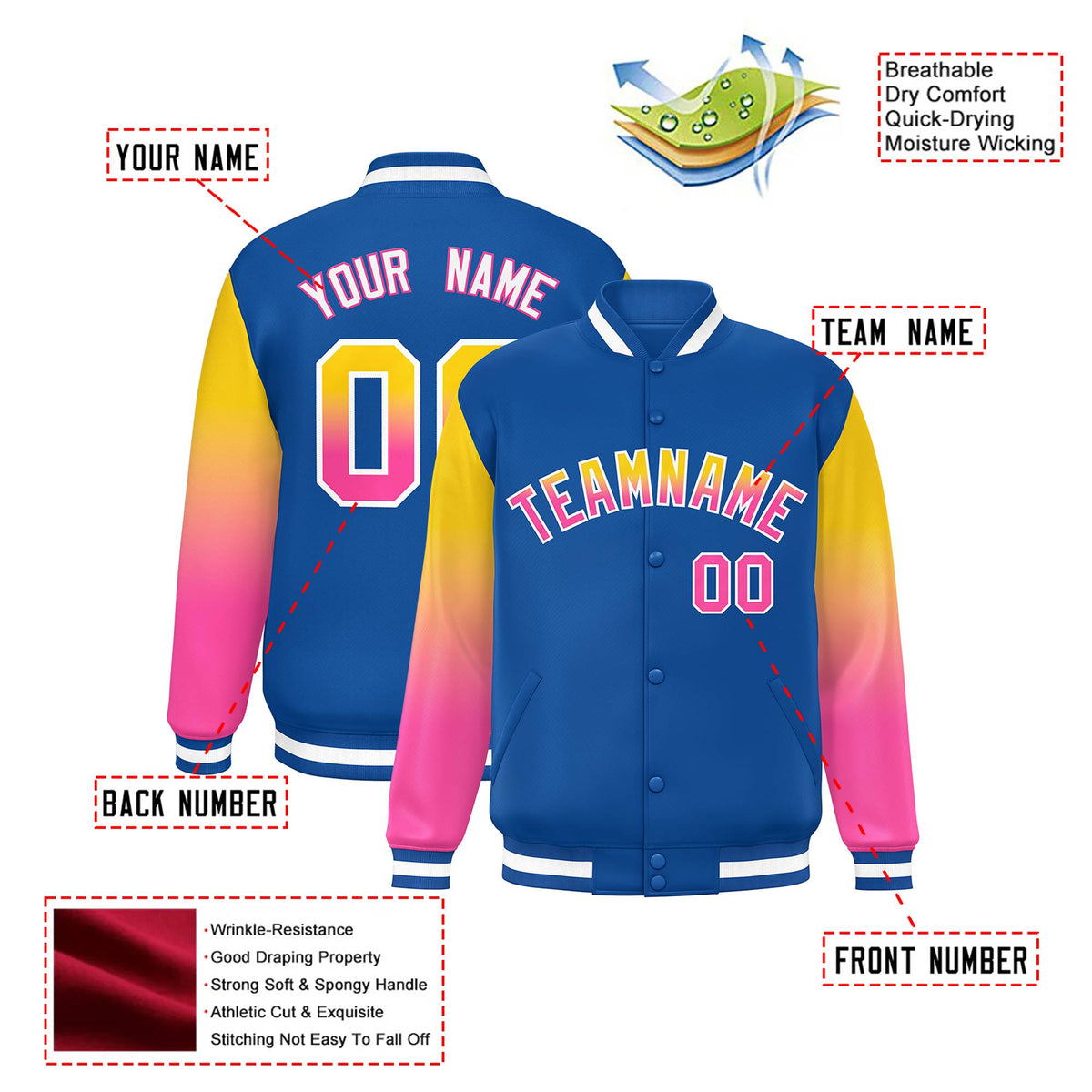 Custom Royal Blue Yellow-Pink Varsity Full-Snap Sleeve Gradient Fashion Letterman Baseball Jacket