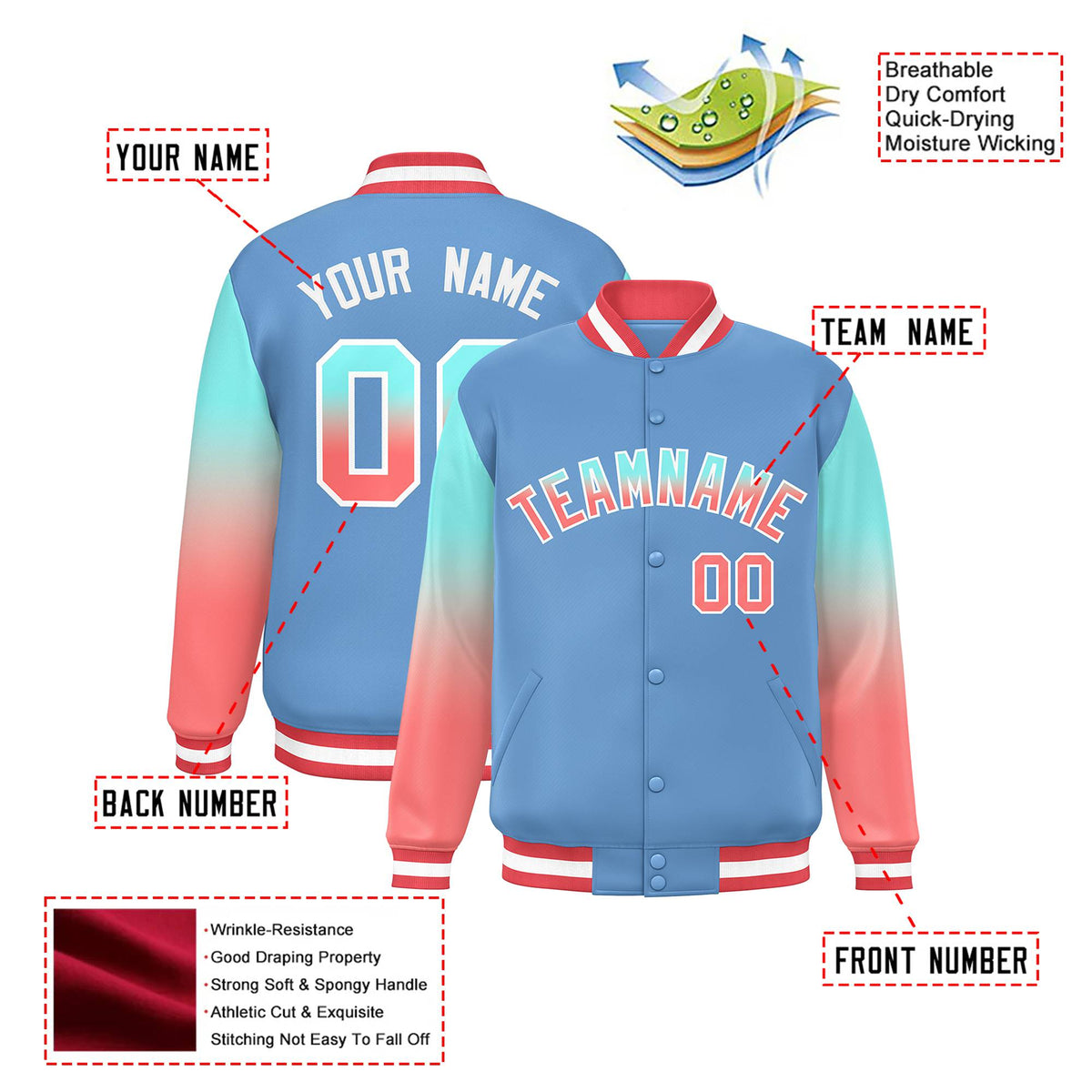 Custom Light Blue Bright Green-Light Red Varsity Full-Snap Sleeve Gradient Fashion Letterman Baseball Jacket