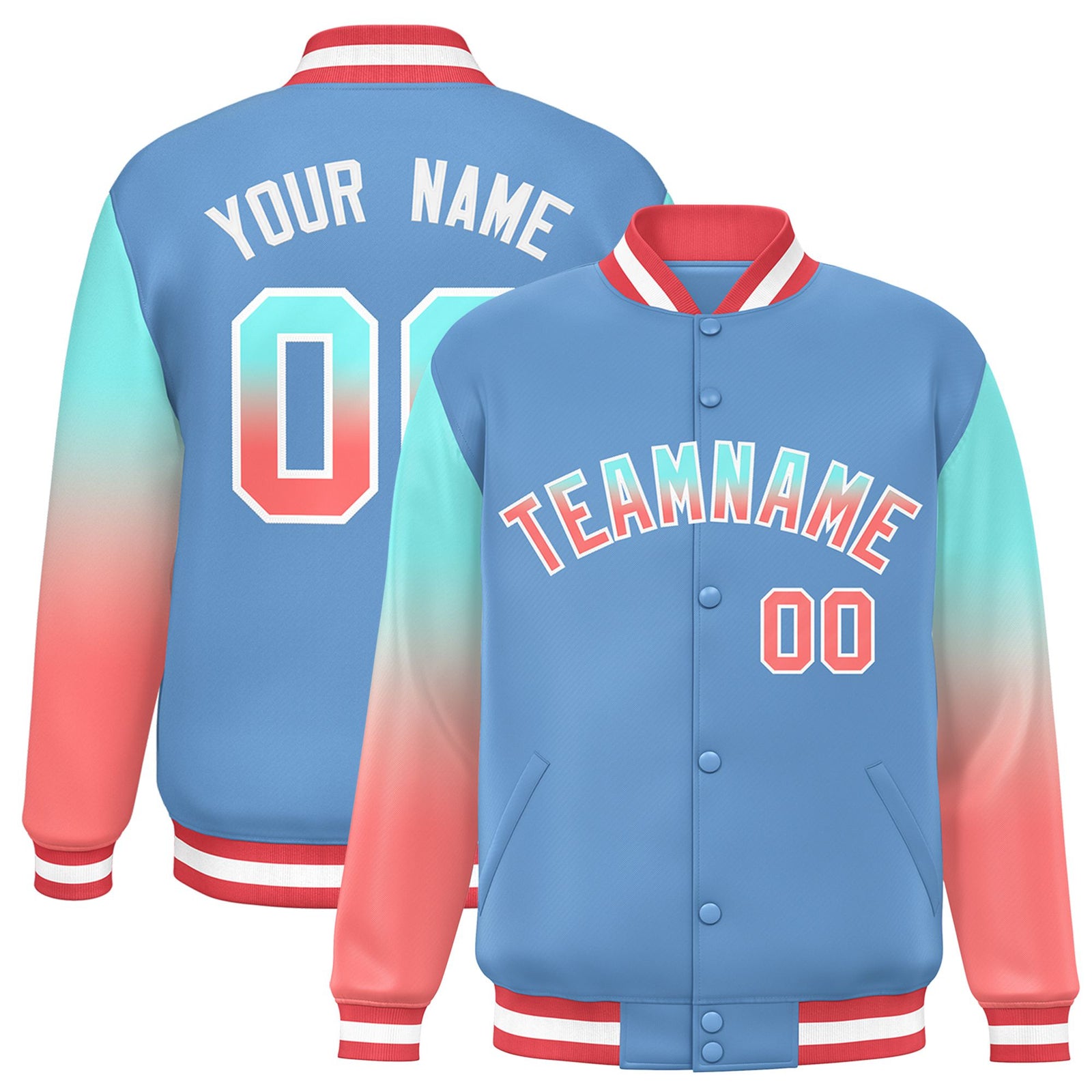 Custom Light Blue Bright Green-Light Red Varsity Full-Snap Sleeve Gradient Fashion Letterman Baseball Jacket