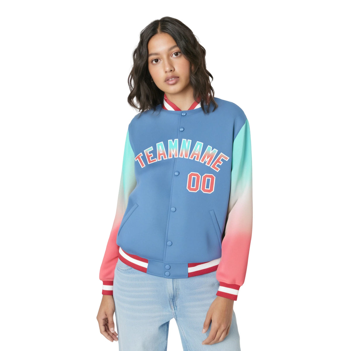 Custom Light Blue Bright Green-Light Red Varsity Full-Snap Sleeve Gradient Fashion Letterman Baseball Jacket