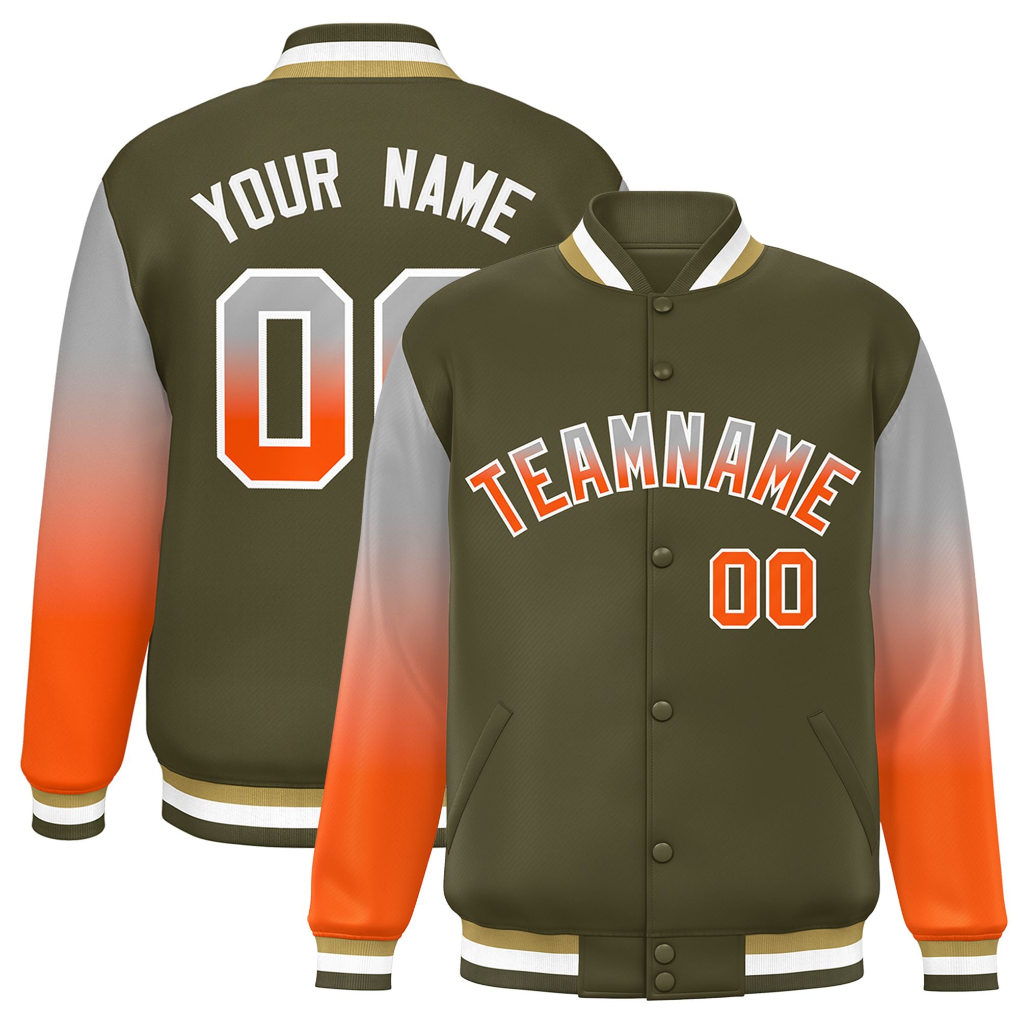 Custom Olive Gray-Orange Varsity Full-Snap Sleeve Gradient Fashion Letterman Baseball Jacket