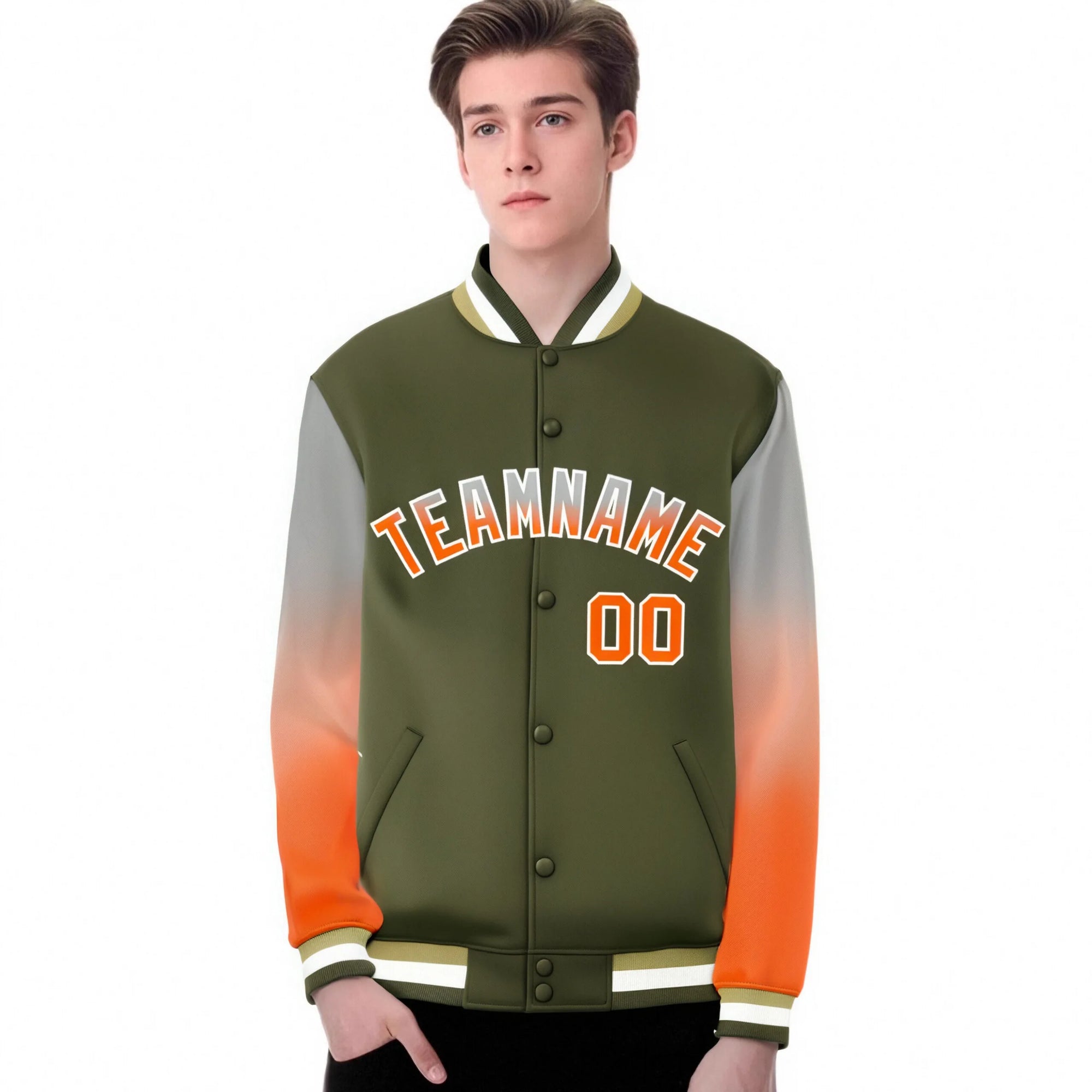 Custom Olive Gray-Orange Varsity Full-Snap Sleeve Gradient Fashion Letterman Baseball Jacket