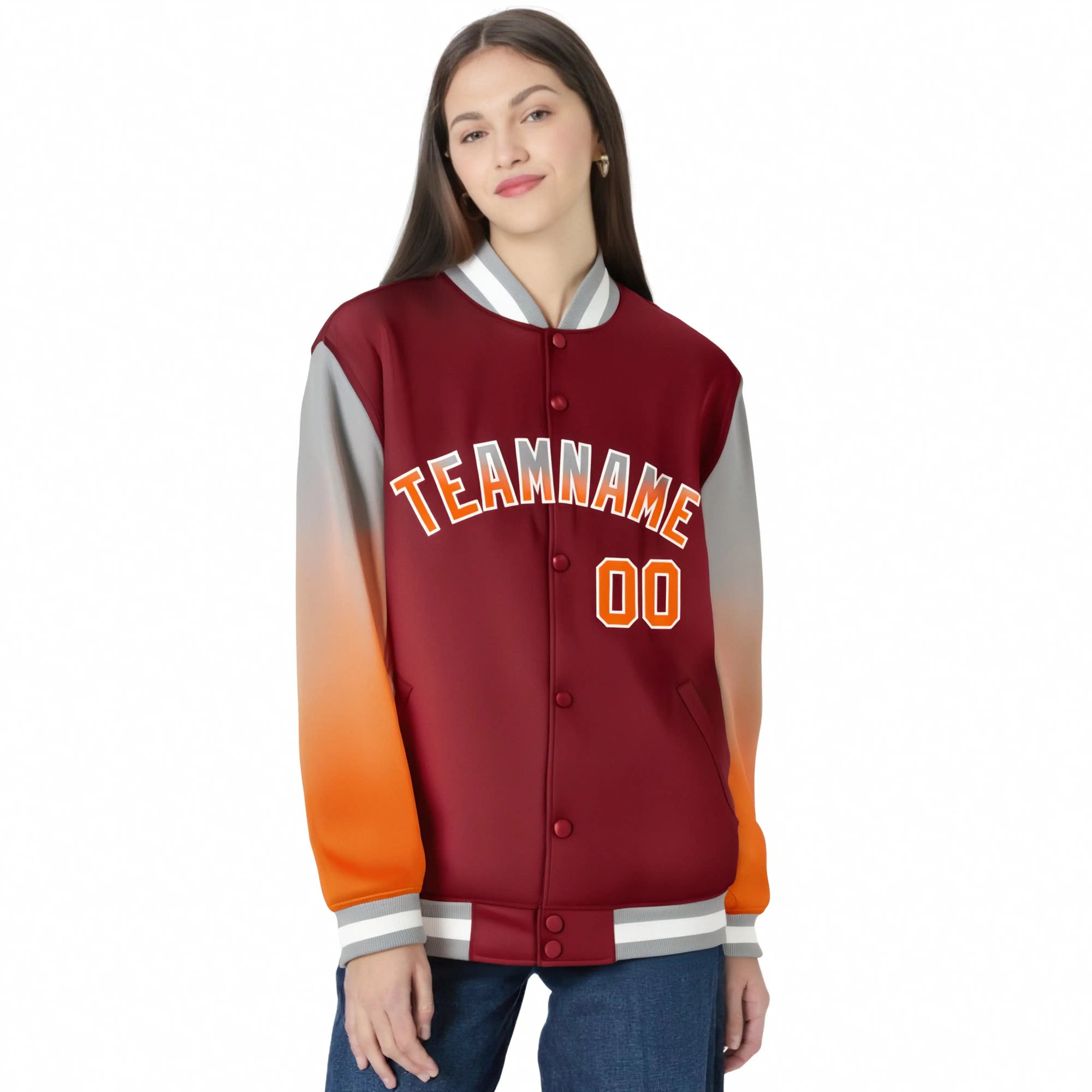 Custom Crimson Gray-Orange Varsity Full-Snap Sleeve Gradient Fashion Letterman Baseball Jacket