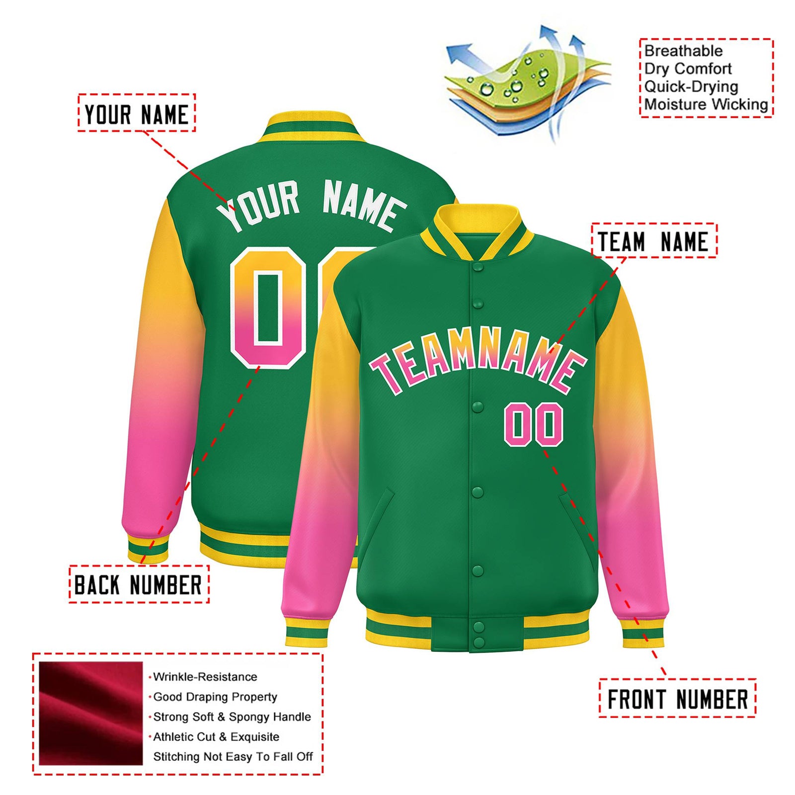 Custom Kelly Green Yellow-Pink Varsity Full-Snap Sleeve Gradient Fashion Letterman Baseball Jacket