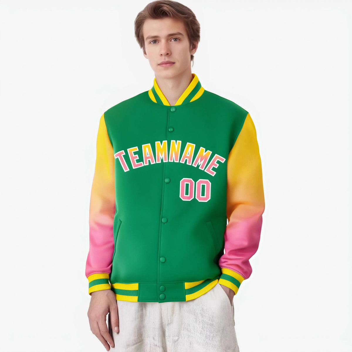 Custom Kelly Green Yellow-Pink Varsity Full-Snap Sleeve Gradient Fashion Letterman Baseball Jacket