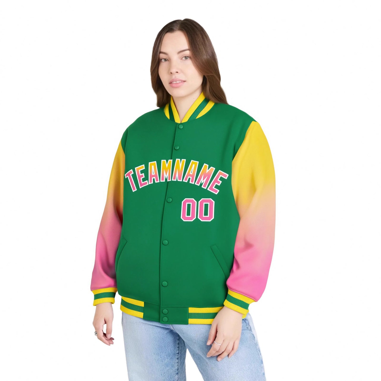Custom Kelly Green Yellow-Pink Varsity Full-Snap Sleeve Gradient Fashion Letterman Baseball Jacket