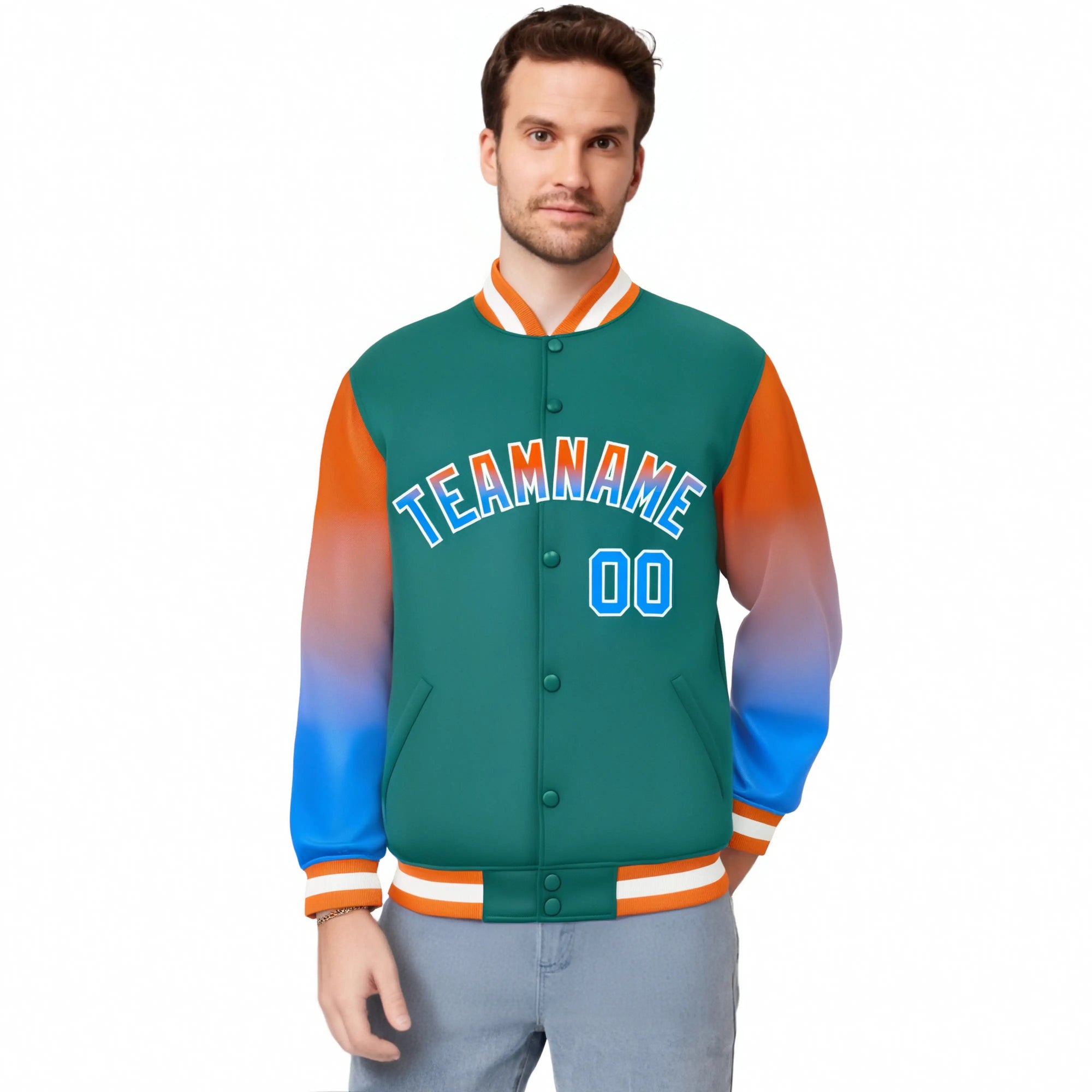 Custom Aqua Orange-Powder Blue Varsity Full-Snap Sleeve Gradient Fashion Letterman Baseball Jacket