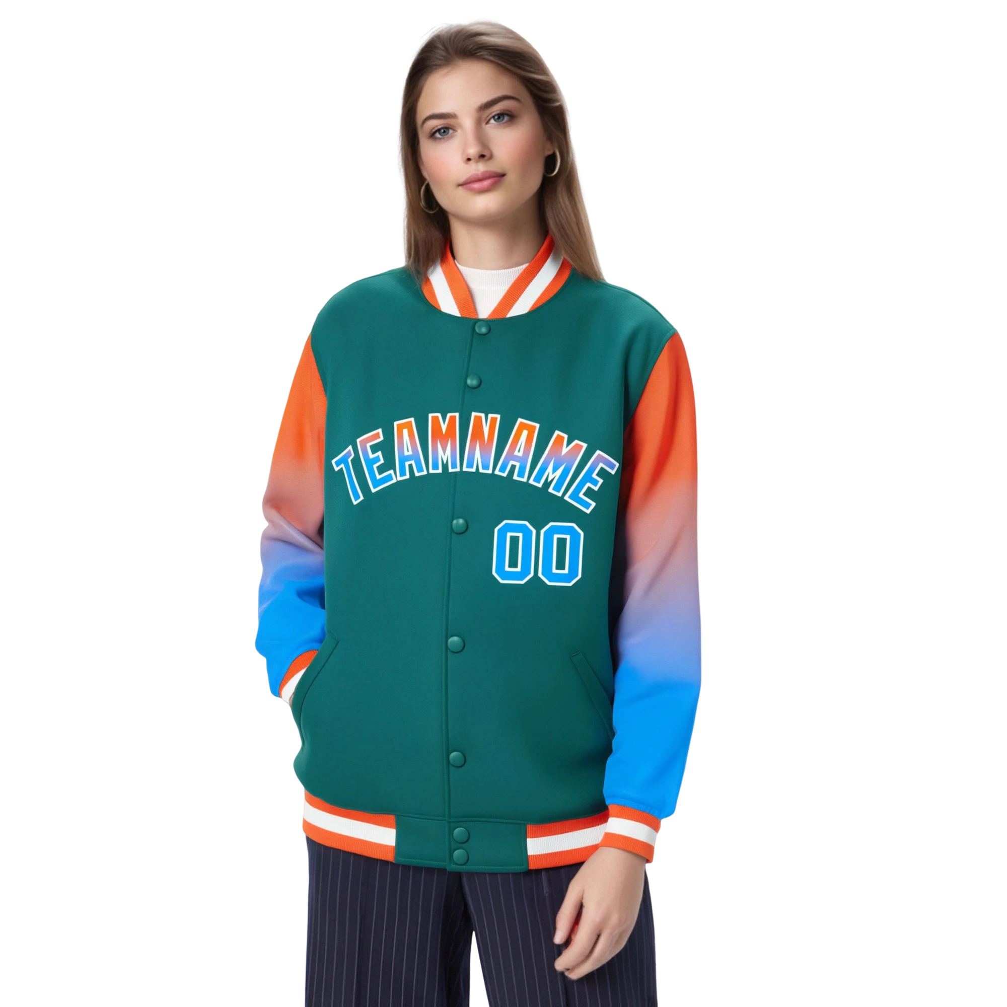 Custom Aqua Orange-Powder Blue Varsity Full-Snap Sleeve Gradient Fashion Letterman Baseball Jacket