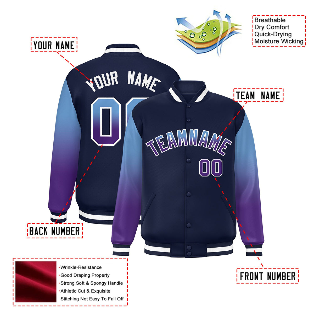 Custom Navy Light Blue-Purple Varsity Full-Snap Sleeve Gradient Fashion Letterman Baseball Jacket