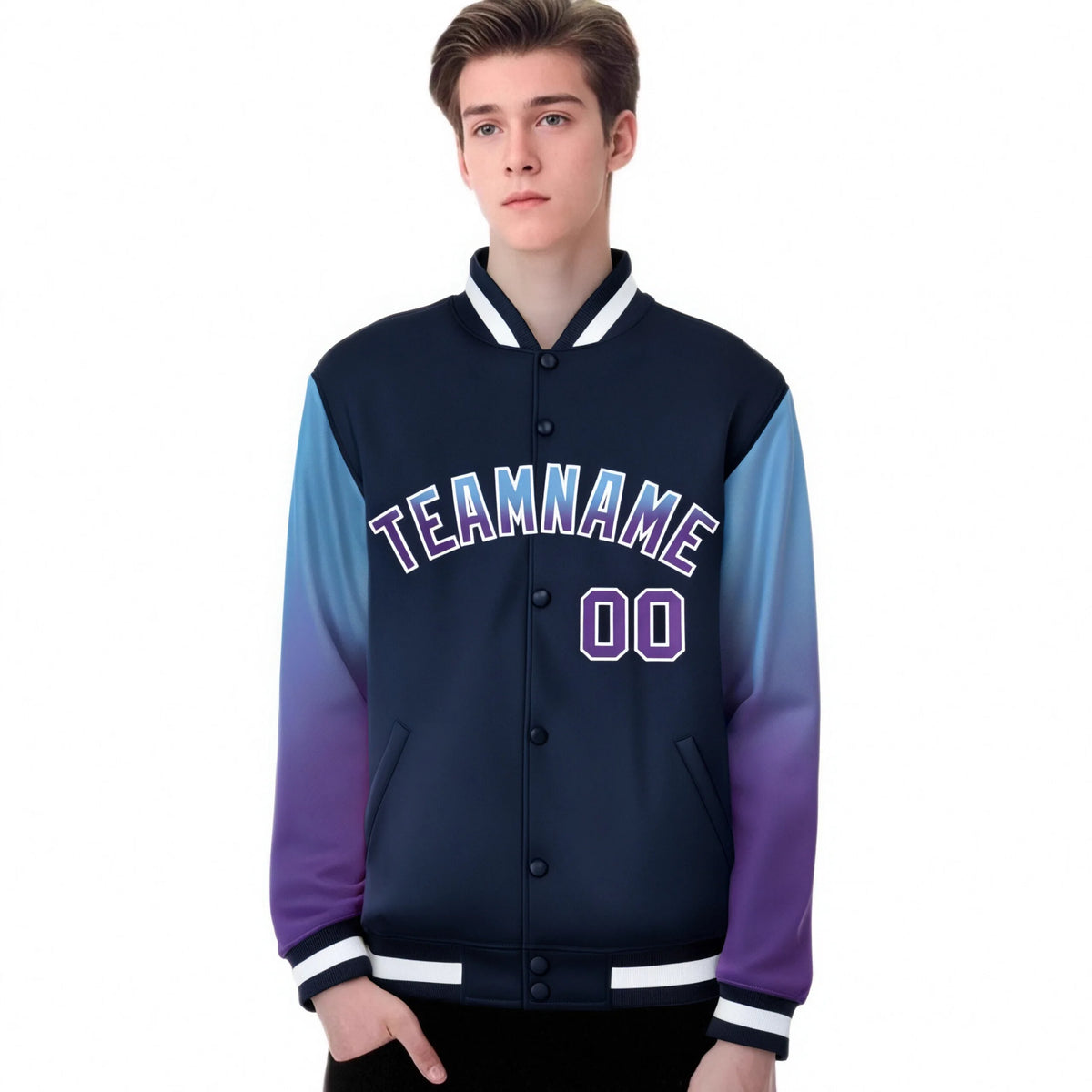 Custom Navy Light Blue-Purple Varsity Full-Snap Sleeve Gradient Fashion Letterman Baseball Jacket