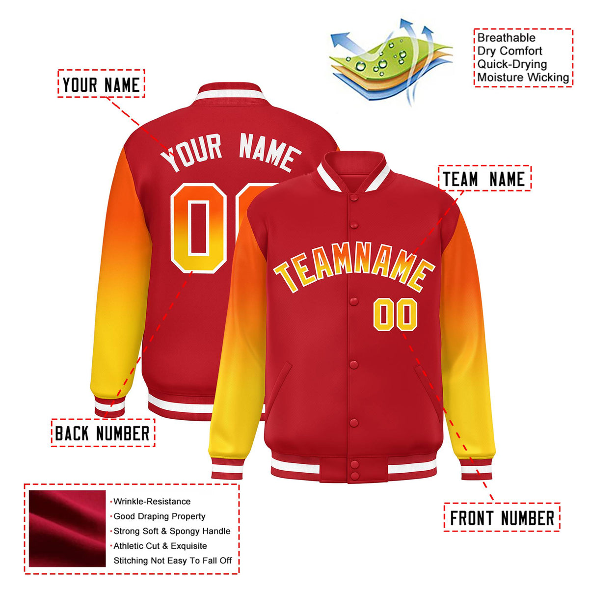 Custom Red Orange-Gold Varsity Full-Snap Sleeve Gradient Fashion Letterman Baseball Jacket