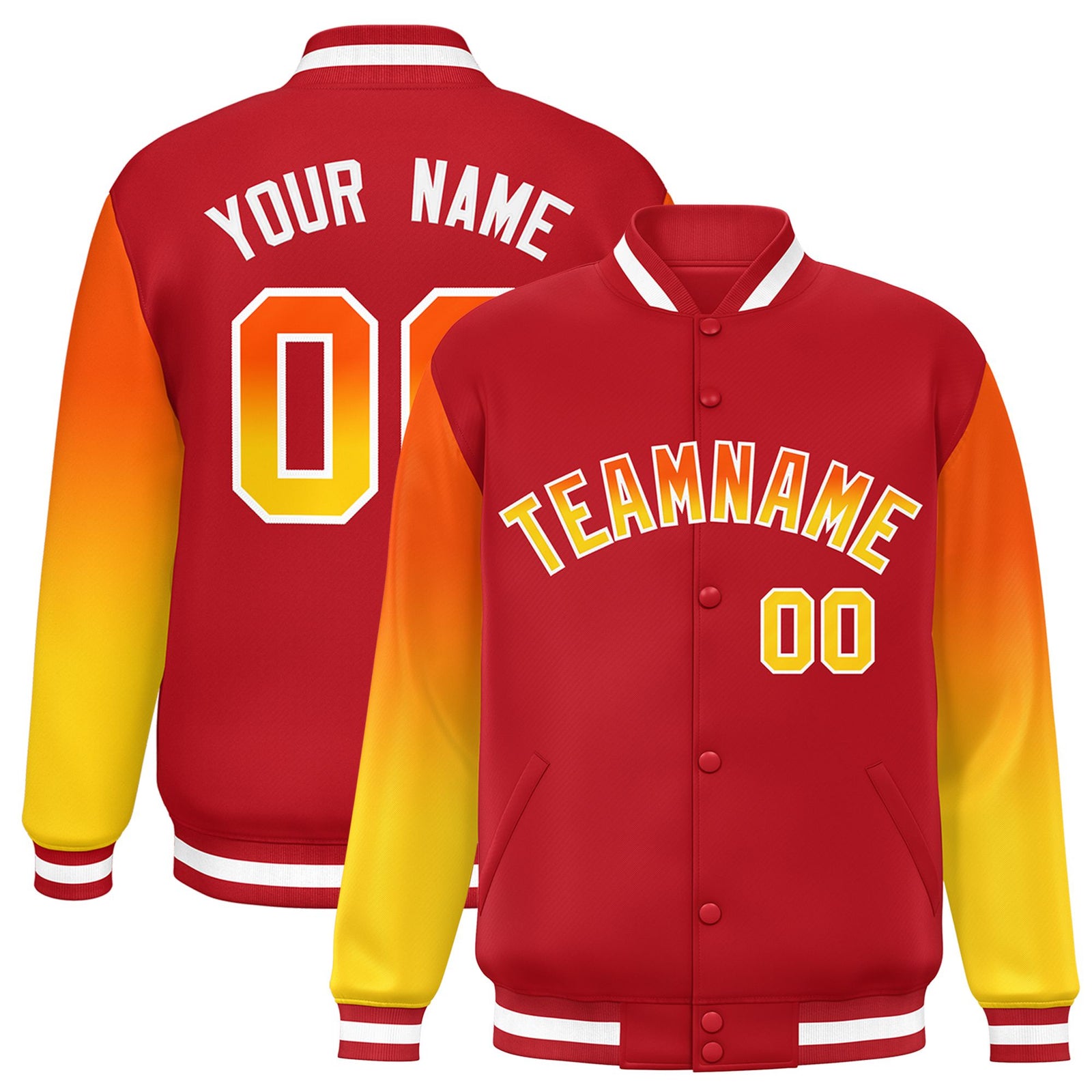 Custom Red Orange-Gold Varsity Full-Snap Sleeve Gradient Fashion Letterman Baseball Jacket
