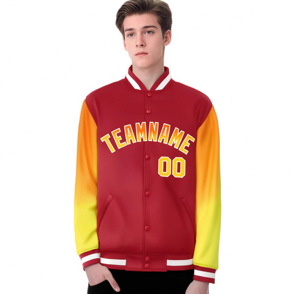 Custom Red Orange-Gold Varsity Full-Snap Sleeve Gradient Fashion Letterman Baseball Jacket