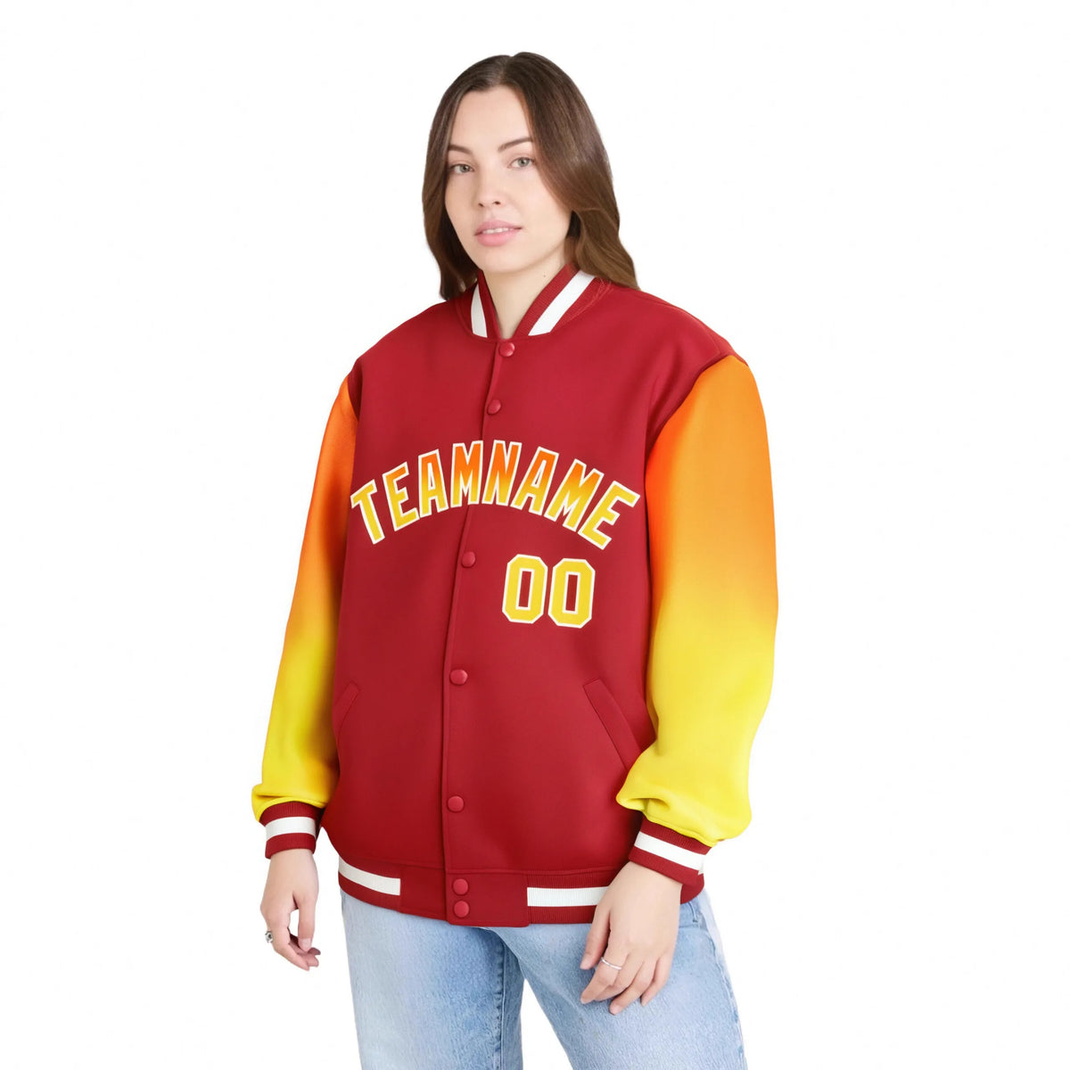 Custom Red Orange-Gold Varsity Full-Snap Sleeve Gradient Fashion Letterman Baseball Jacket